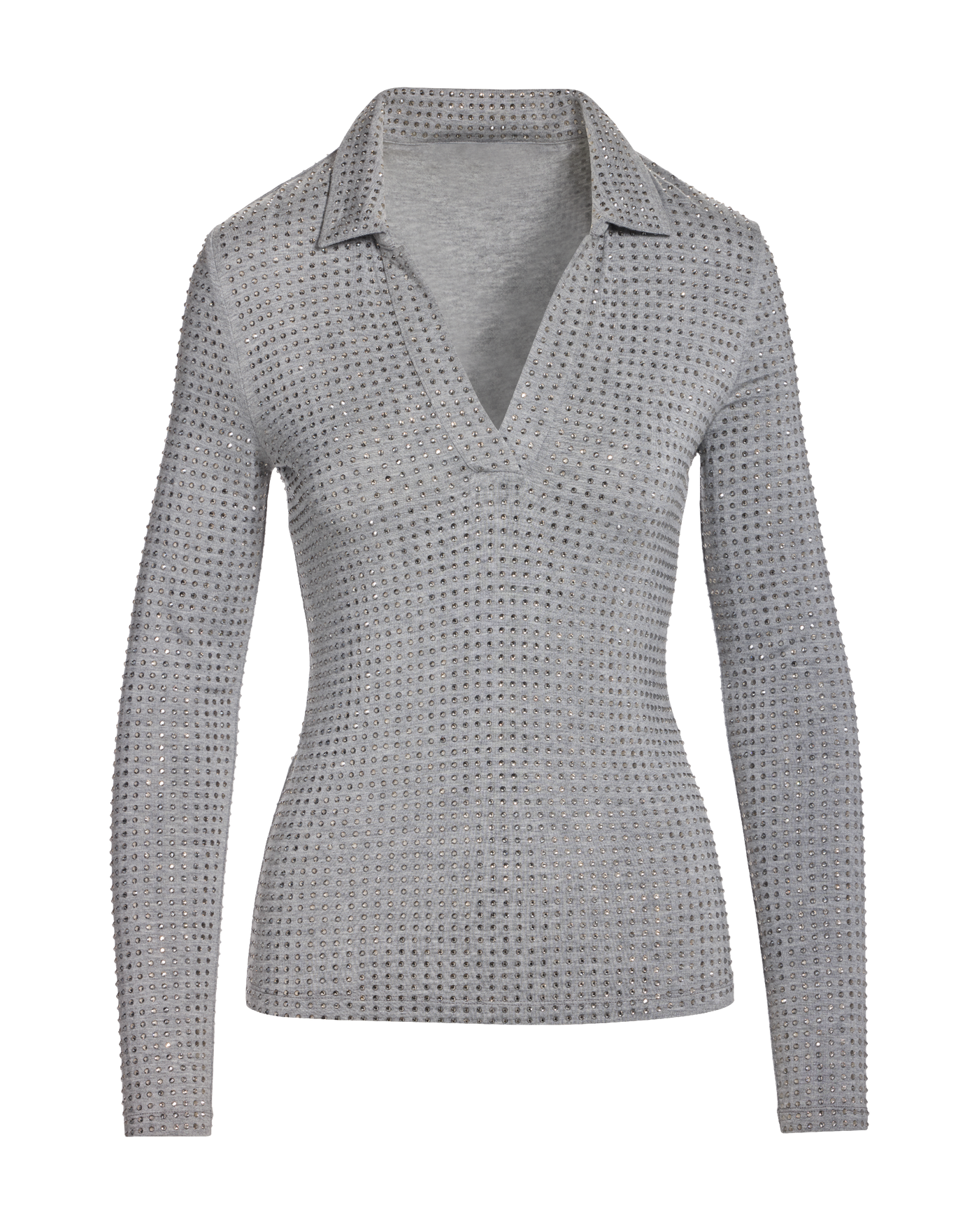 All Over Rhinestone Collared Top Heather Gray