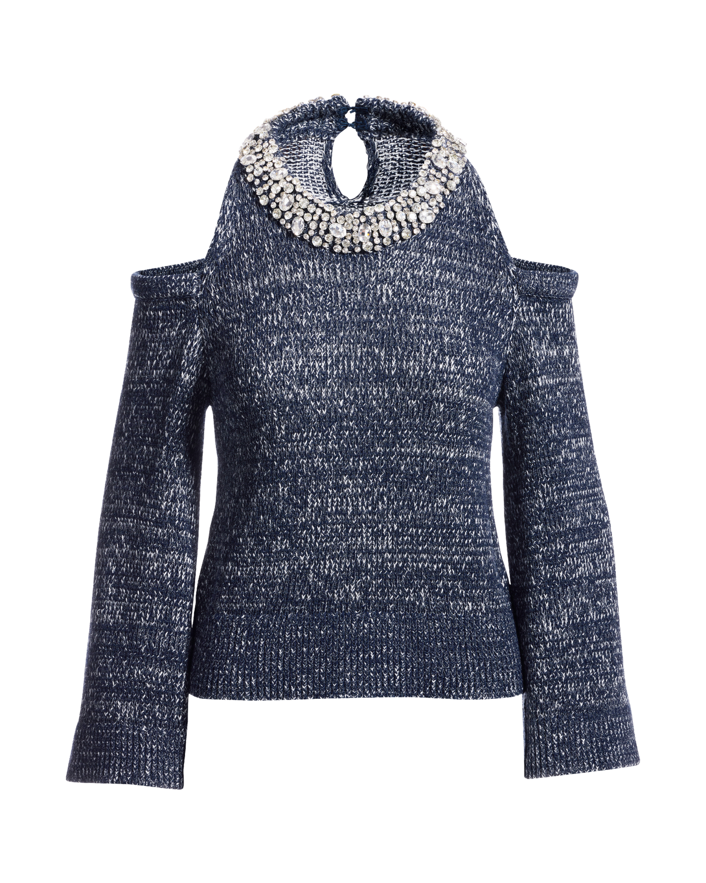 Embellished Neckline Cold Shoulder Sweater - Navy | Boston Proper
