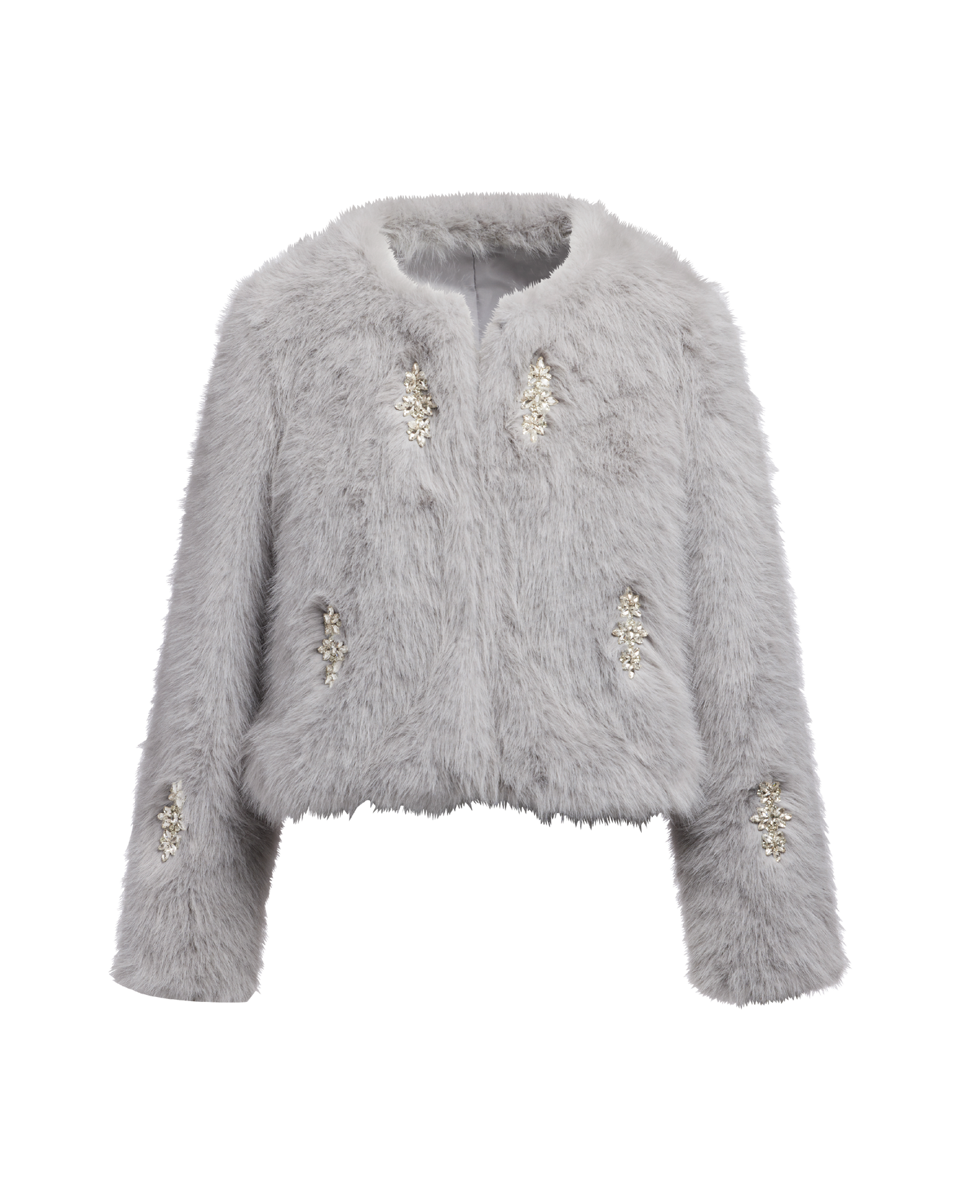 Crystal Embellished Luxe Faux Fur Coat Gray