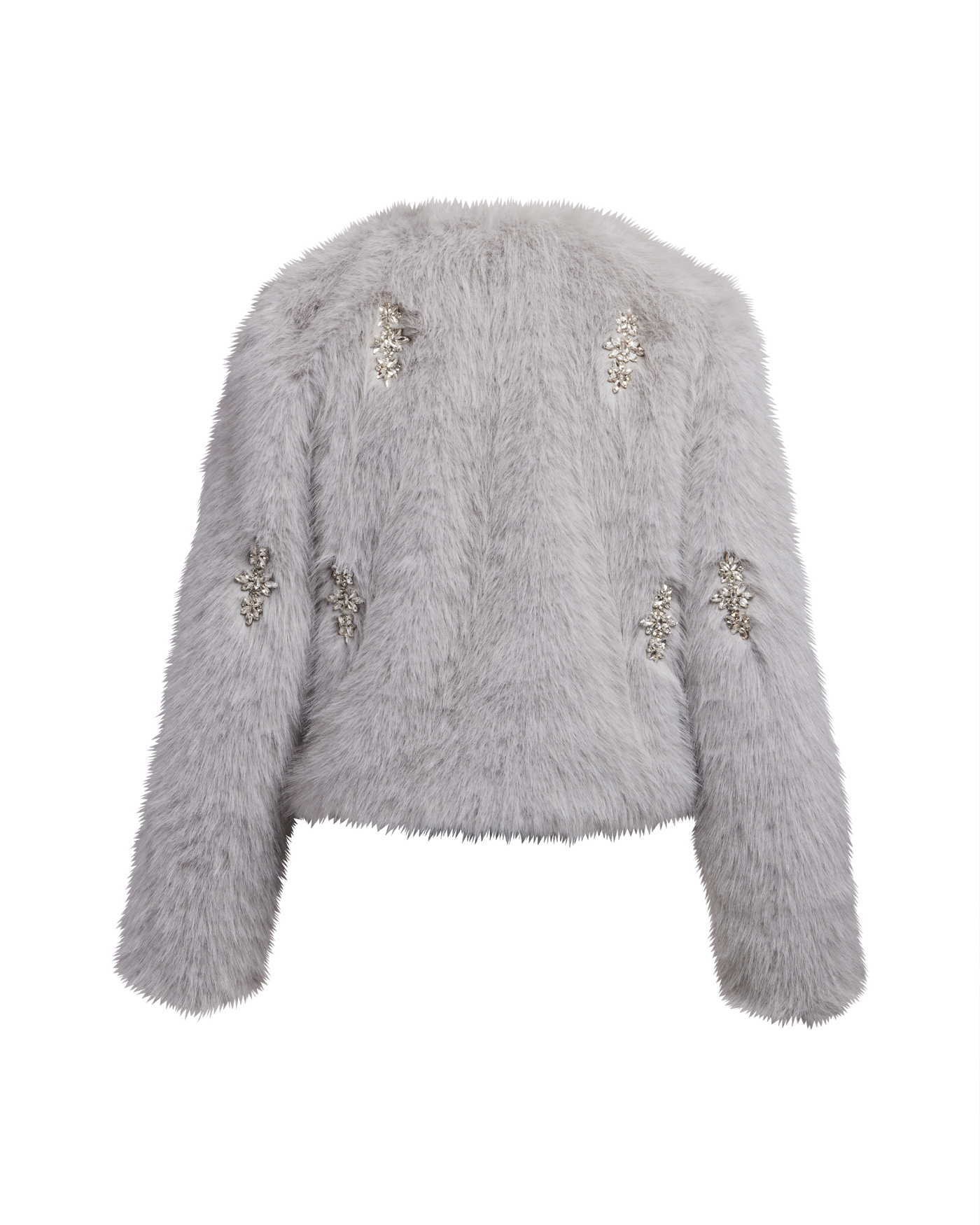 Crystal Embellished Luxe Faux Fur Coat Gray