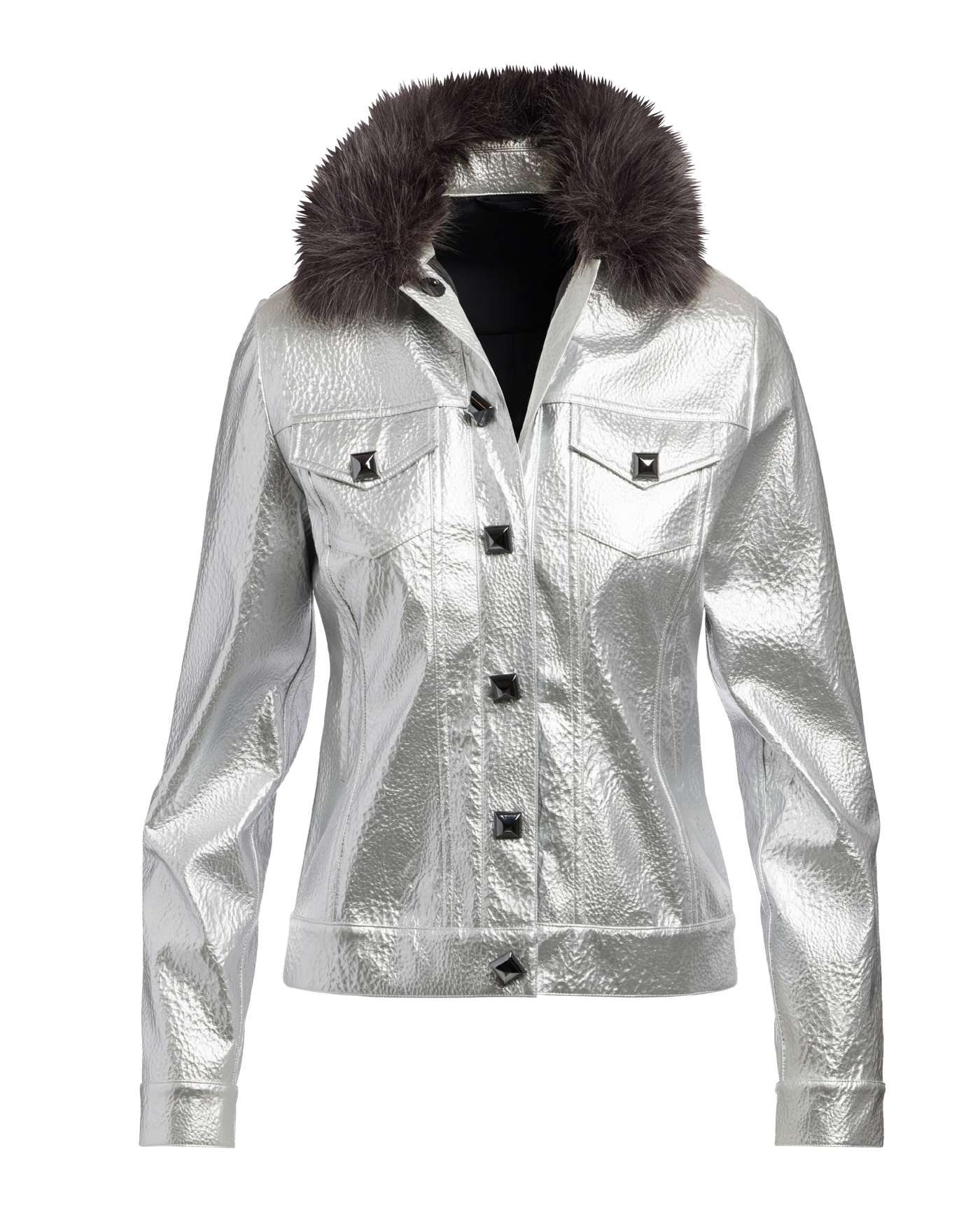 Hammered Metallic Faux Leather
Fur Collar Jacket Silver Metallic