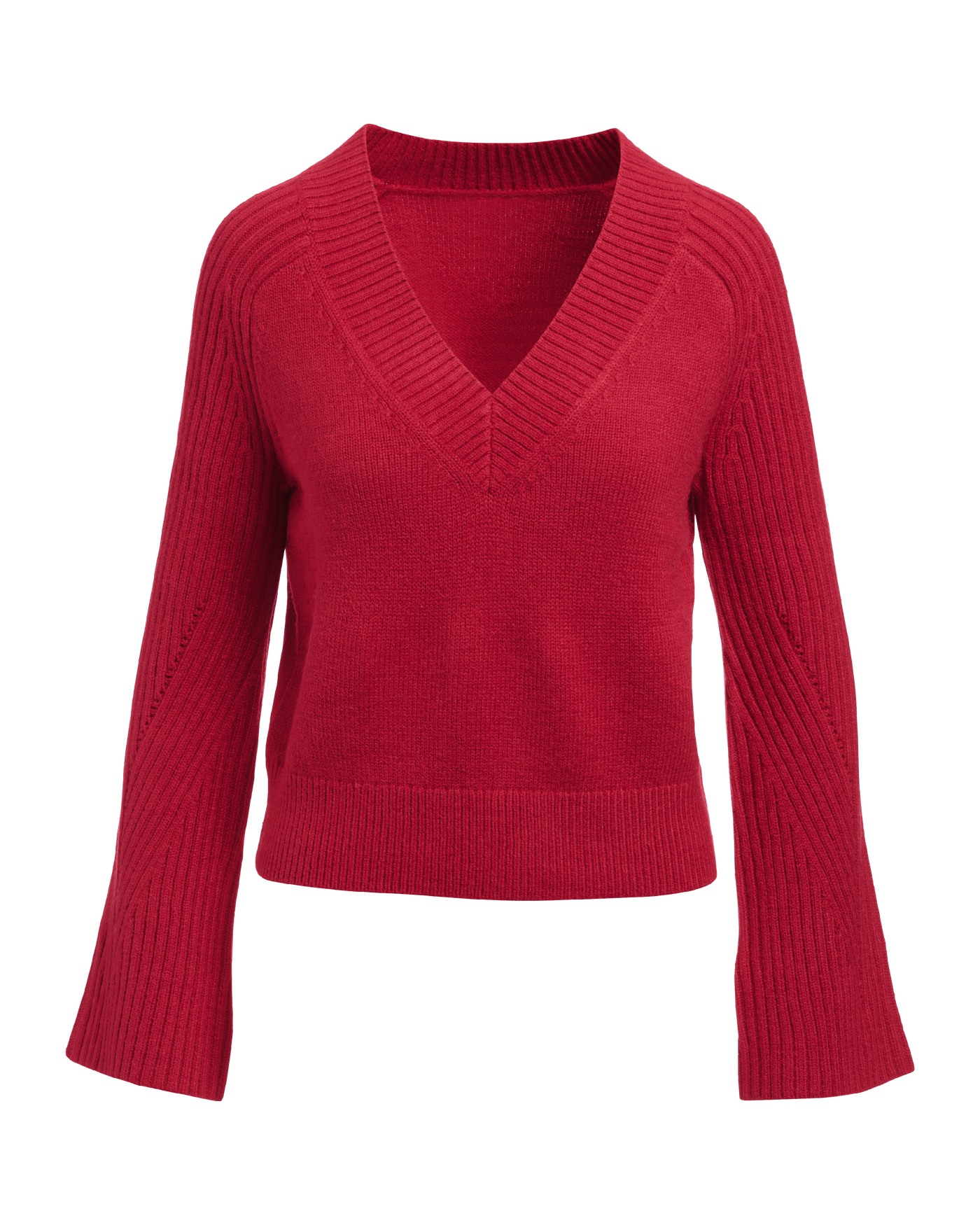 Wide Rib V-Neck Bell Sleeve Sweater Lipstick Red