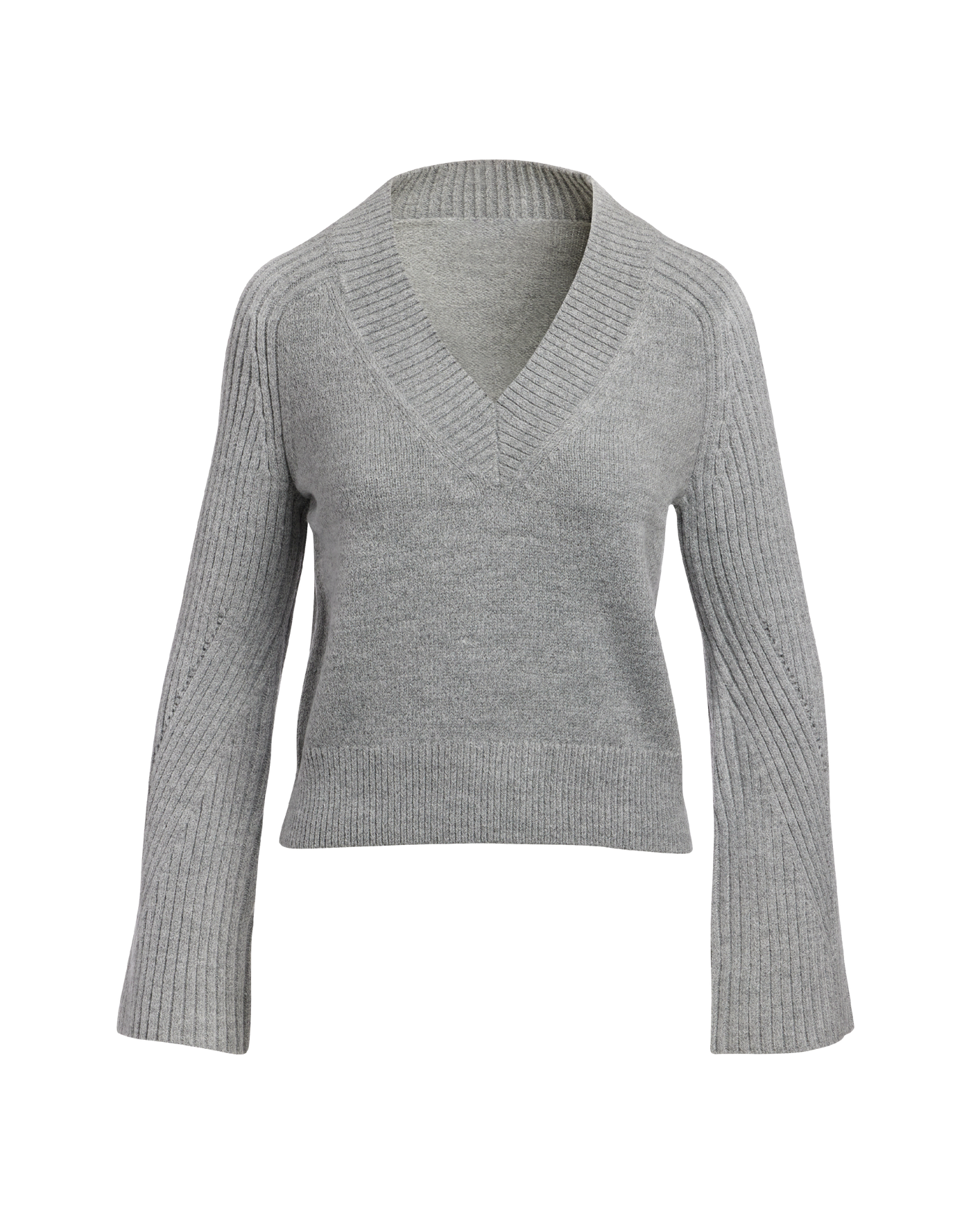 Wide Rib V-Neck Bell Sleeve Sweater - Light Heather Gray | Boston 