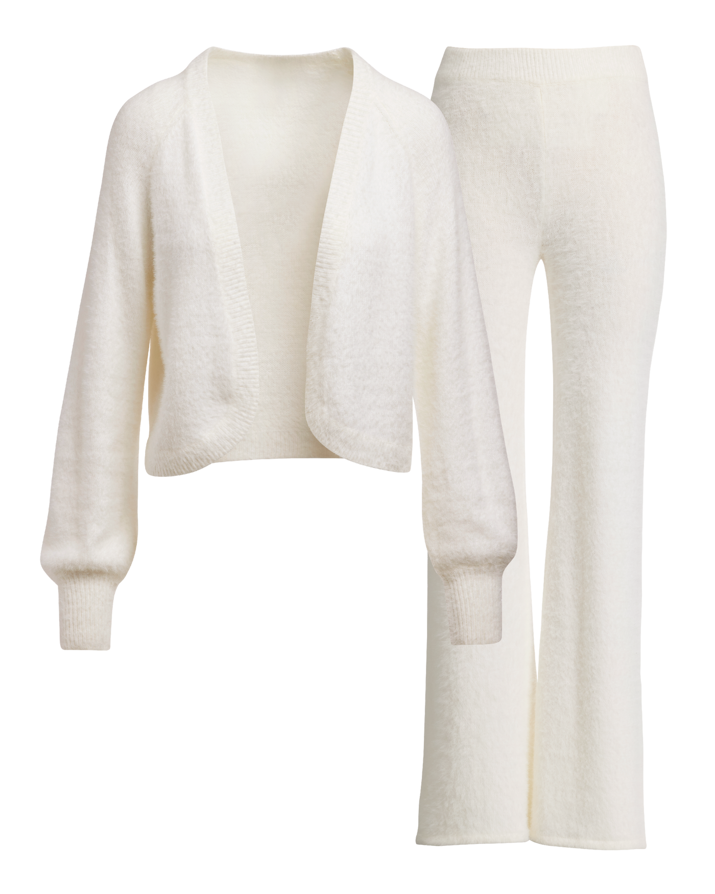 Plush Cardigan and Wide Leg Lounge Set Off White