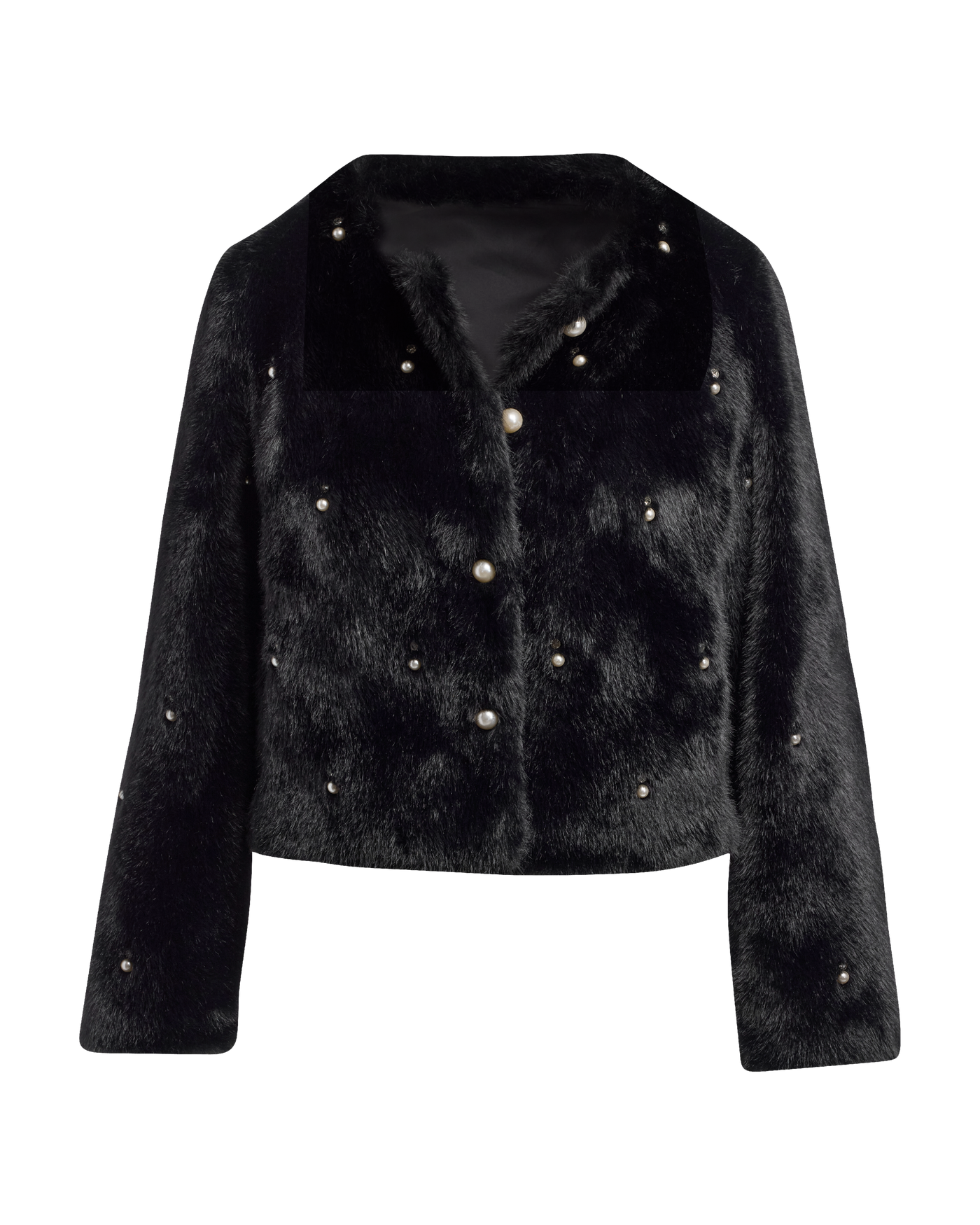 Pearl Embellished Faux Fur Collarless Chubby Black