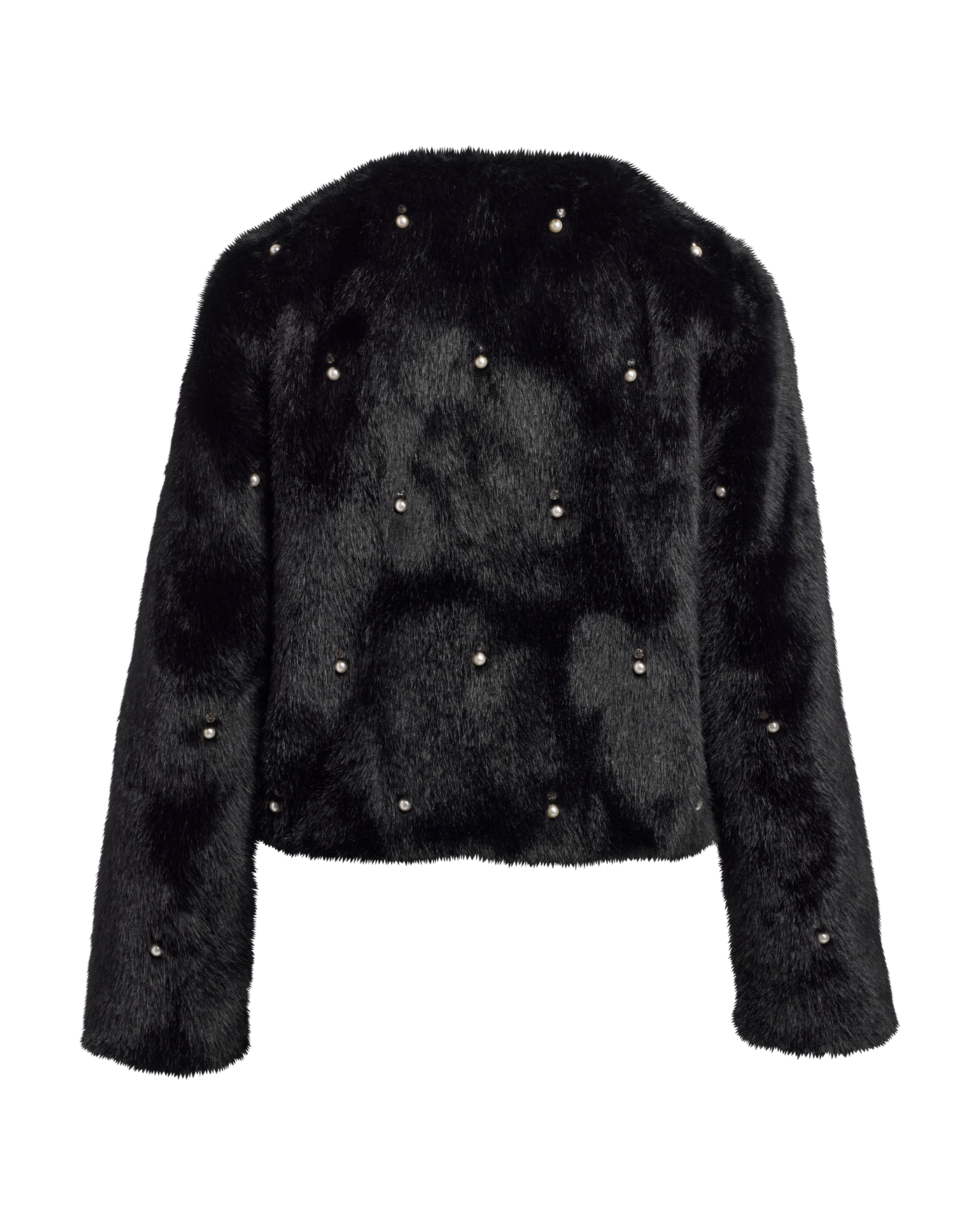 Pearl Embellished Faux Fur Collarless Chubby Black