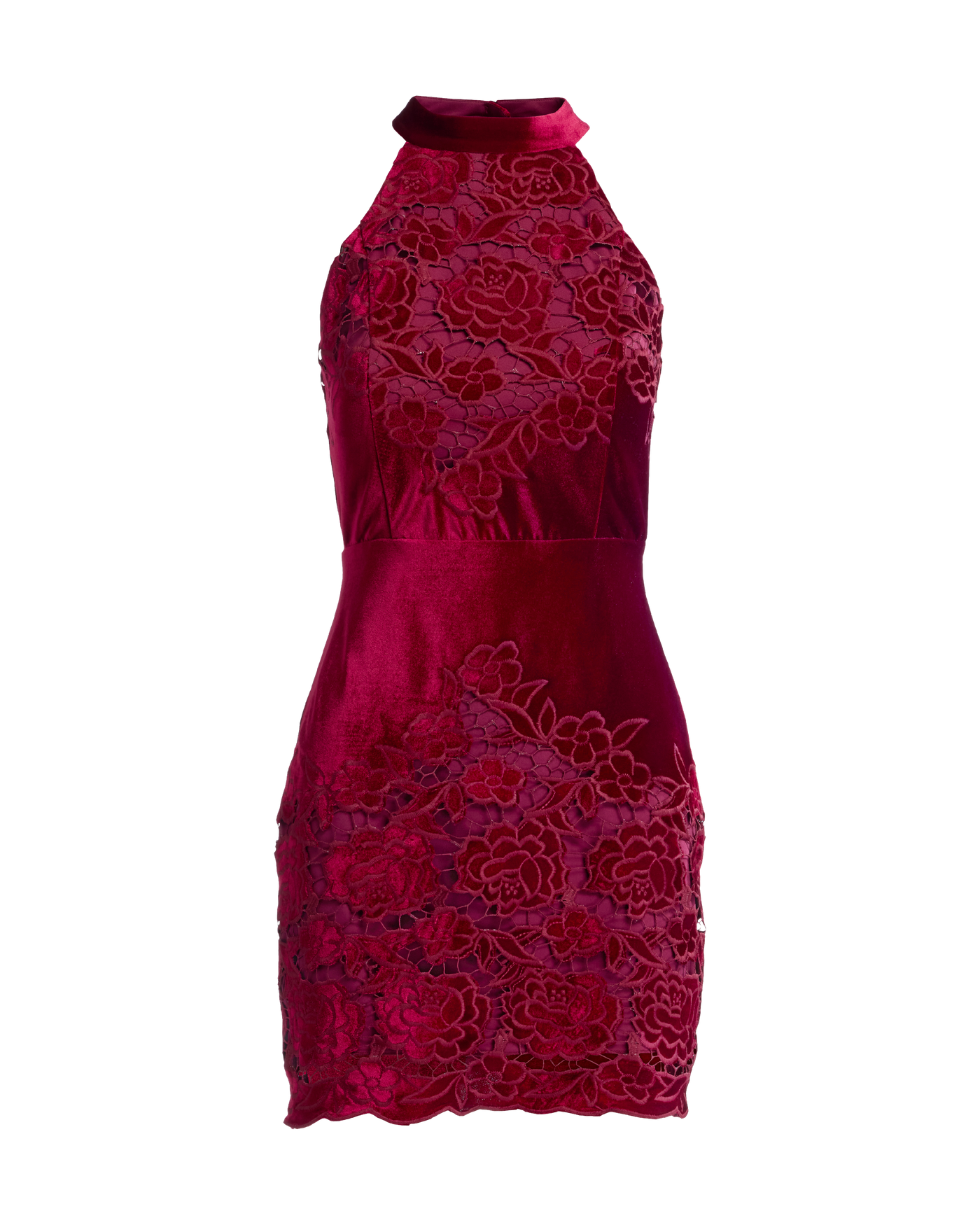 Placed Velvet Lace Mock Neck Sheath Dress Wine