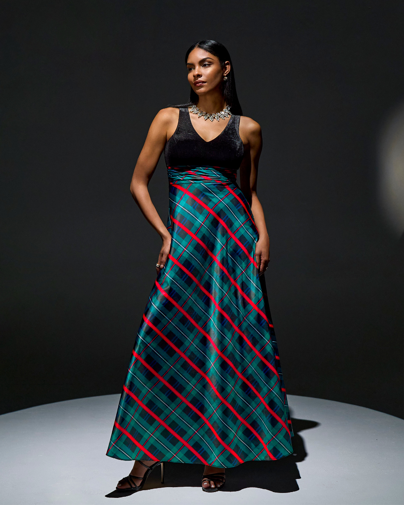 Velvet Bodice Plaid Gown Multi