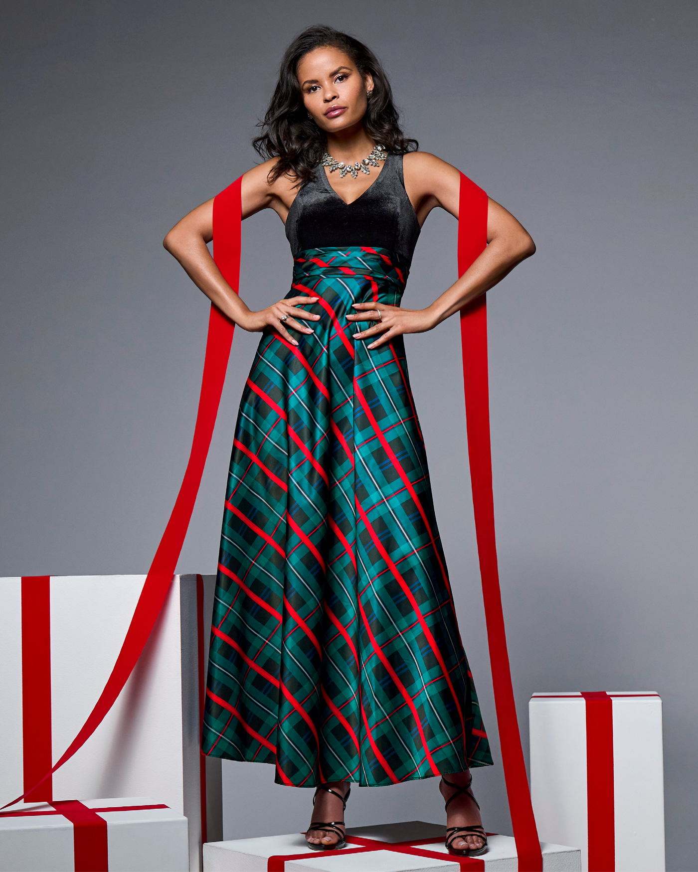 Velvet Bodice Plaid Gown Multi
