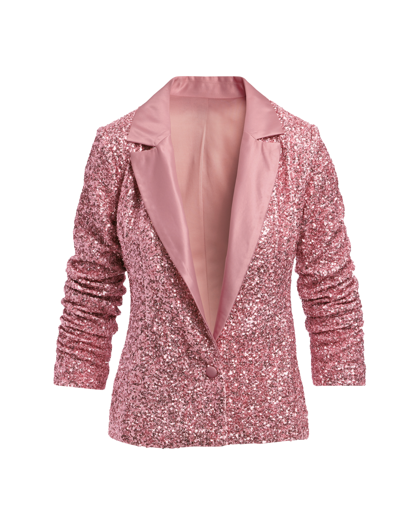 Satin Collar Ruched Sleeve Sequin Blazer Coral Blush
