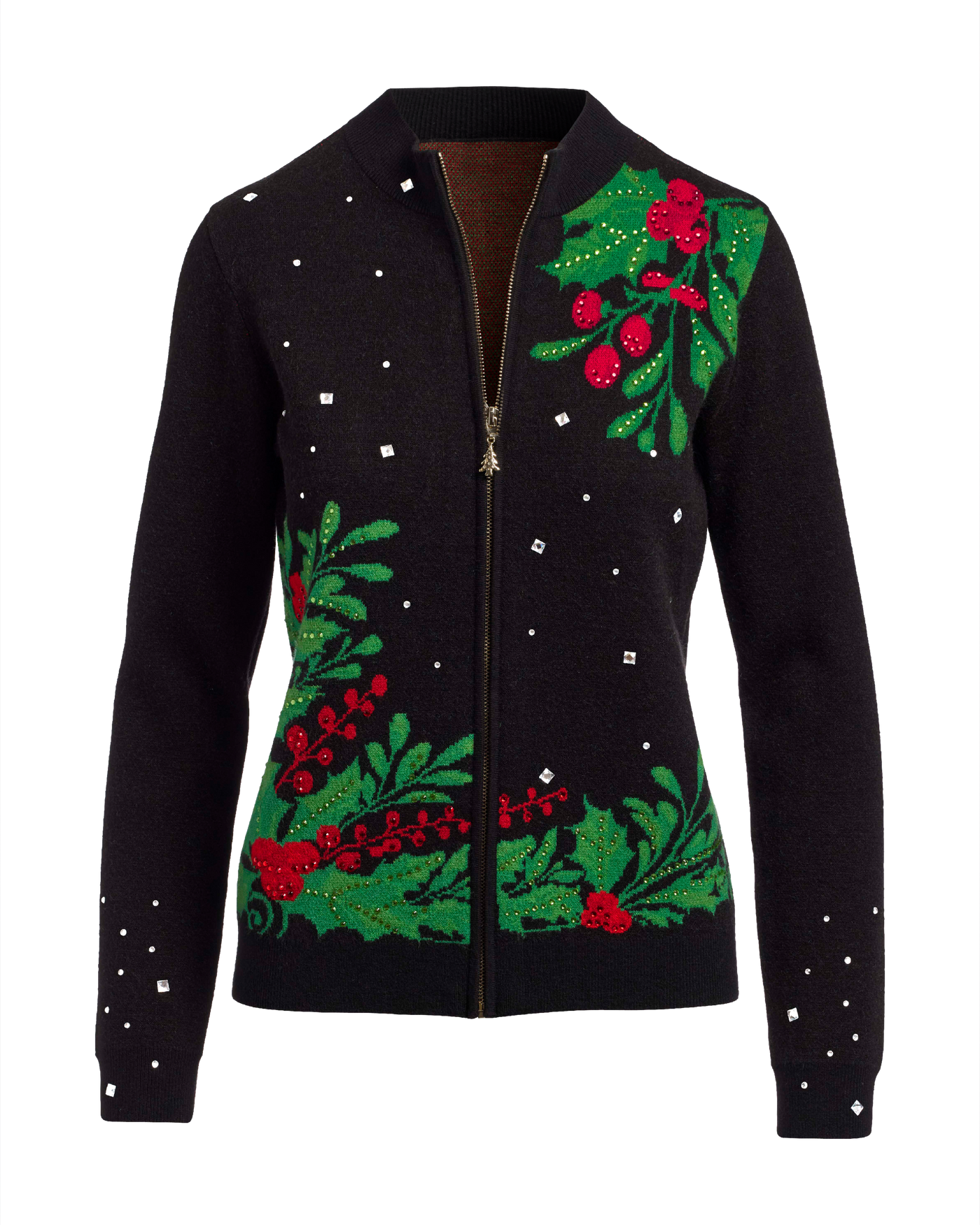 Embellished Mistletoe Zip Up Cardigan - Black Multi | Boston Proper