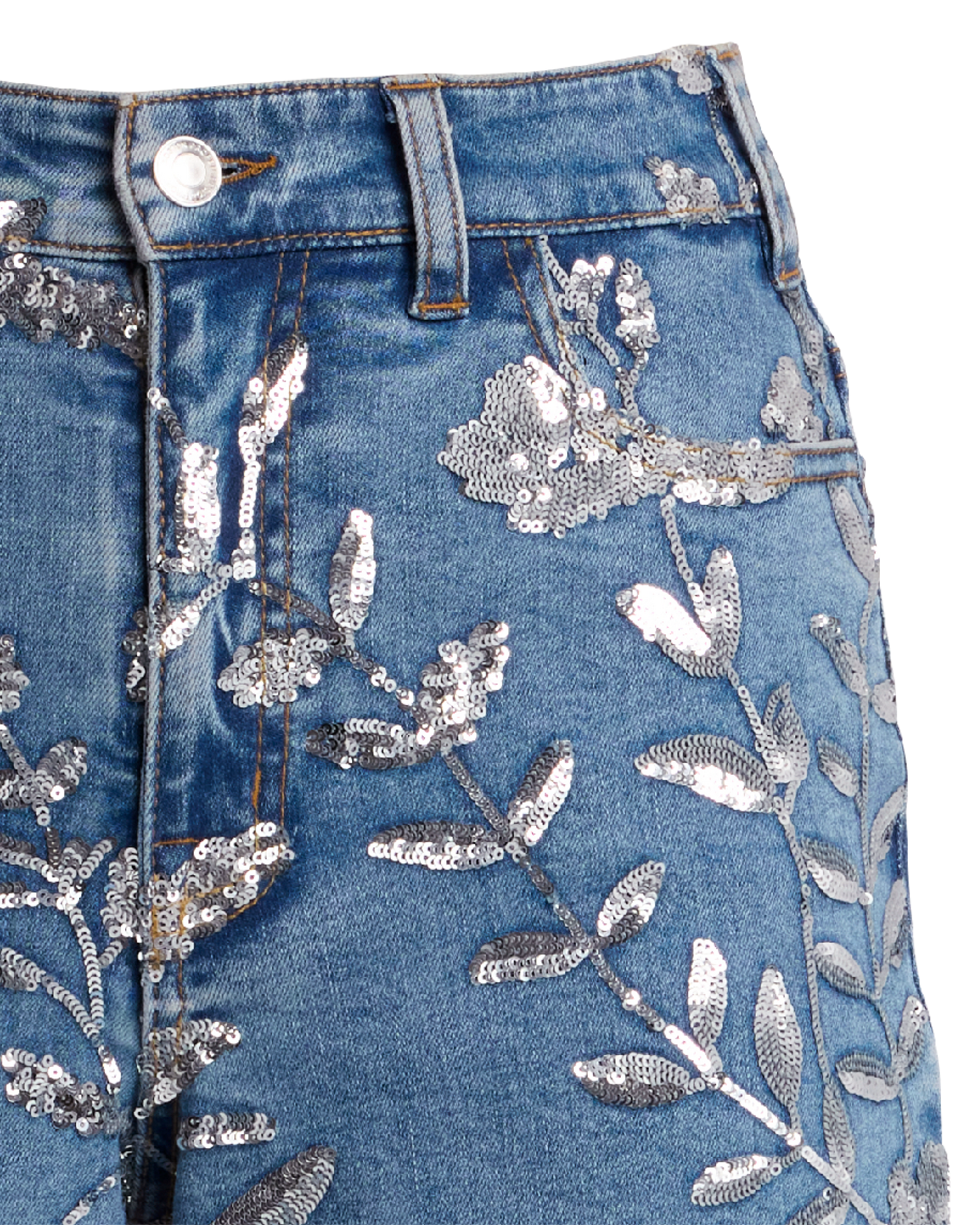 Floral Sequin Wide Leg Jean Medium Wash/Silver