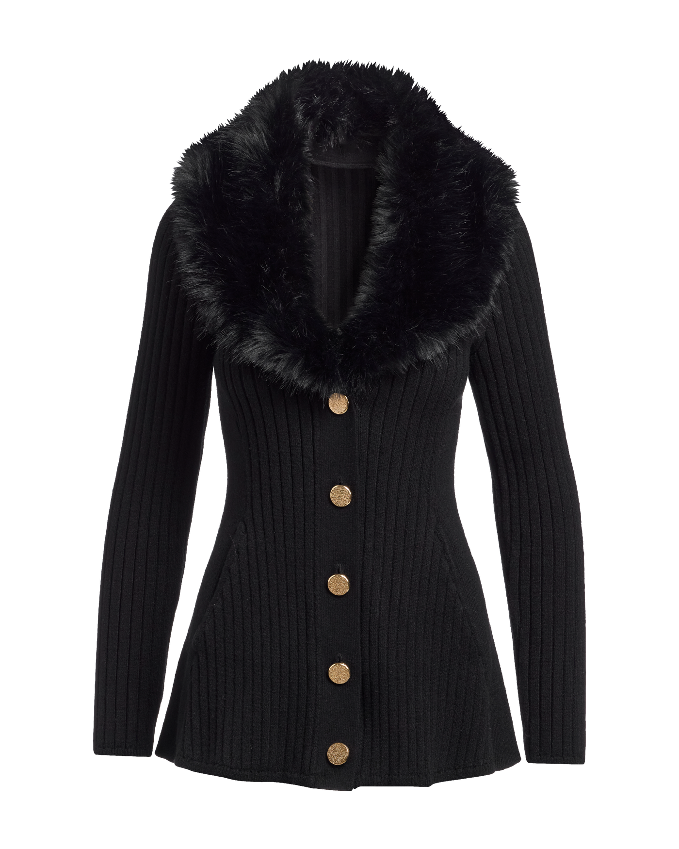 Faux Fur Trim Button Up A-Line Cardigan - Proper Black | Boston Proper
