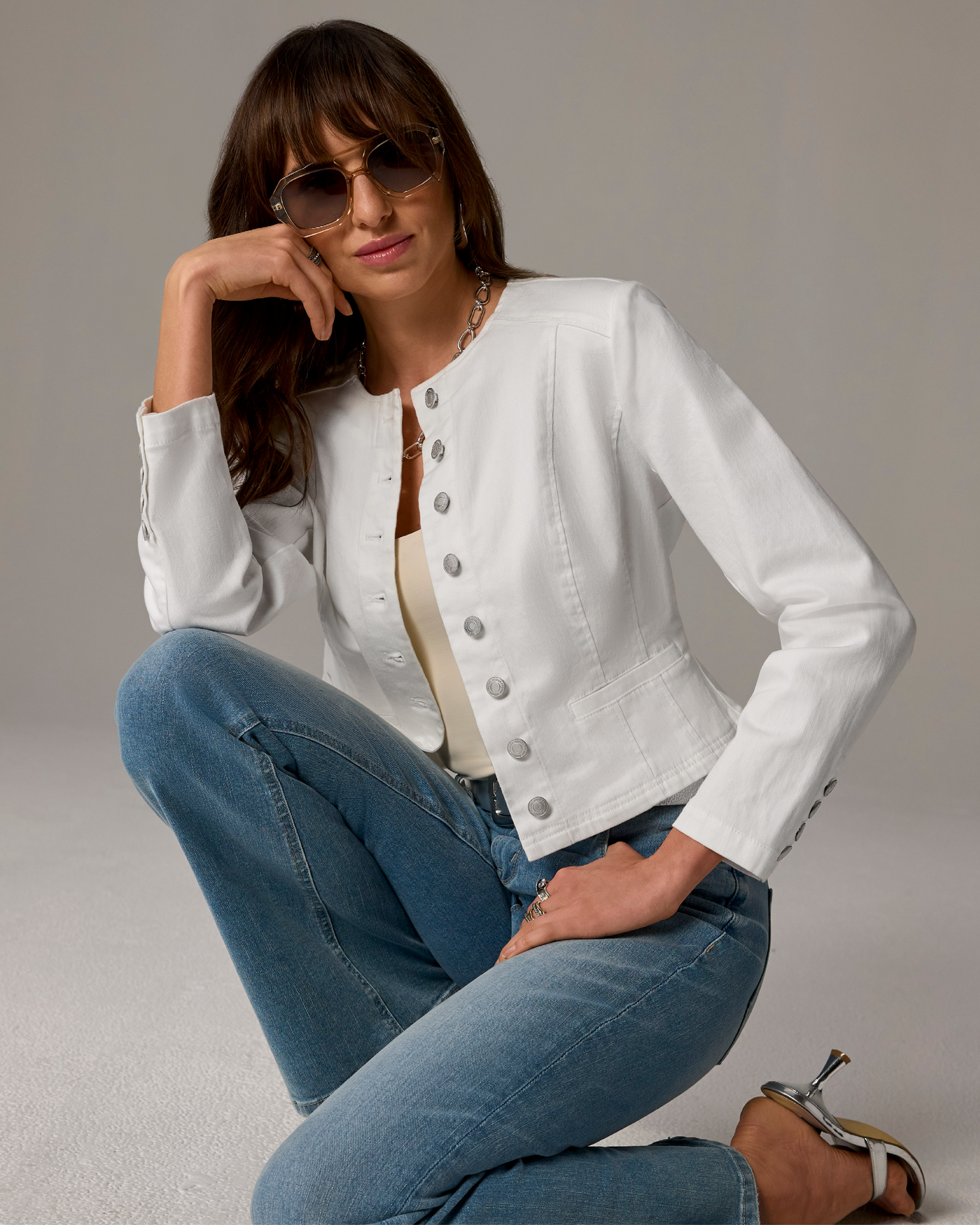 Jewel Neck Denim Jacket White