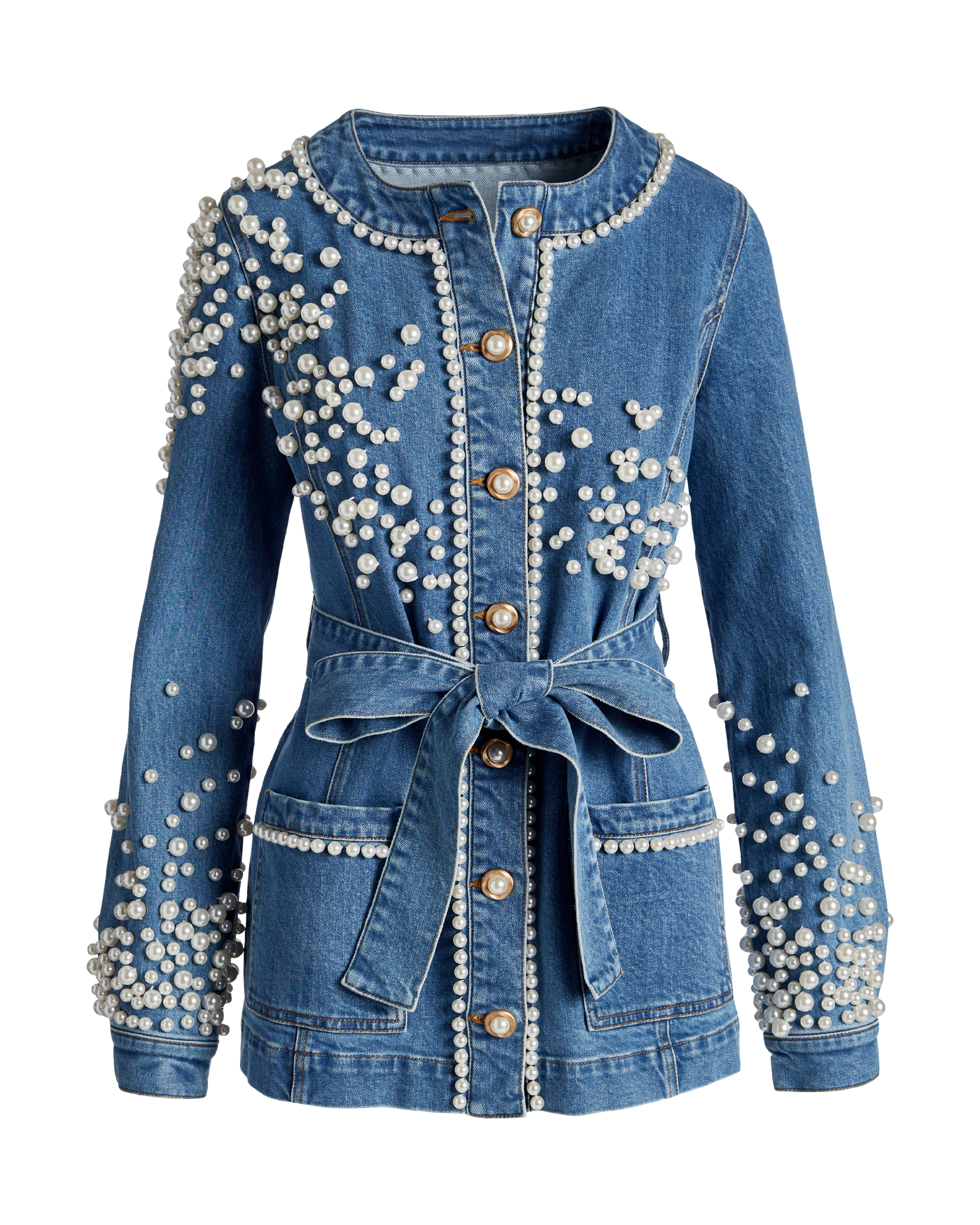 Pearl Embellished Denim Tie-Waist Jacket - Medium Wash Denim | Boston Proper