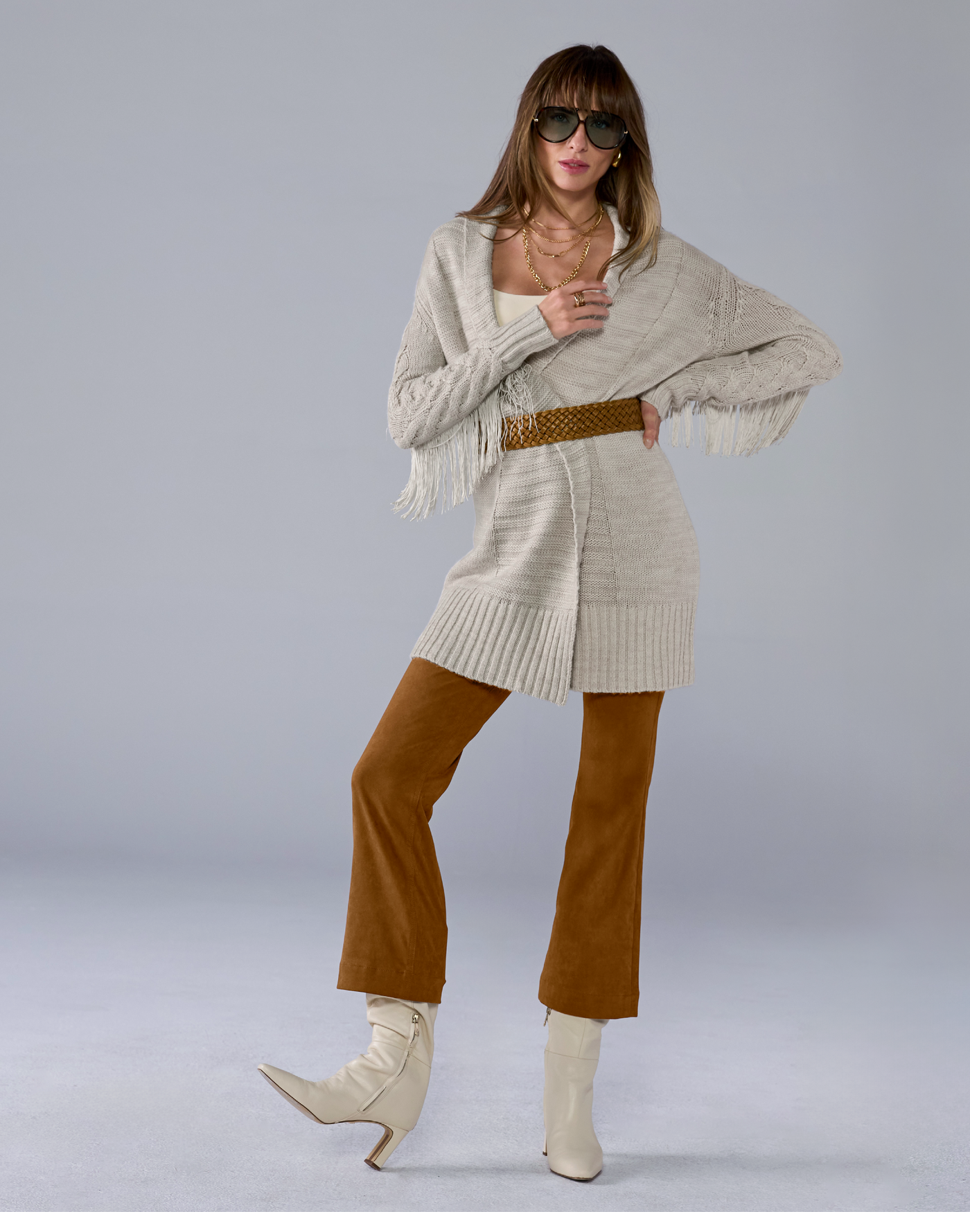 Fringe Mid Length Tie Waist Cardigan - Heather Oatmeal | Boston Proper
