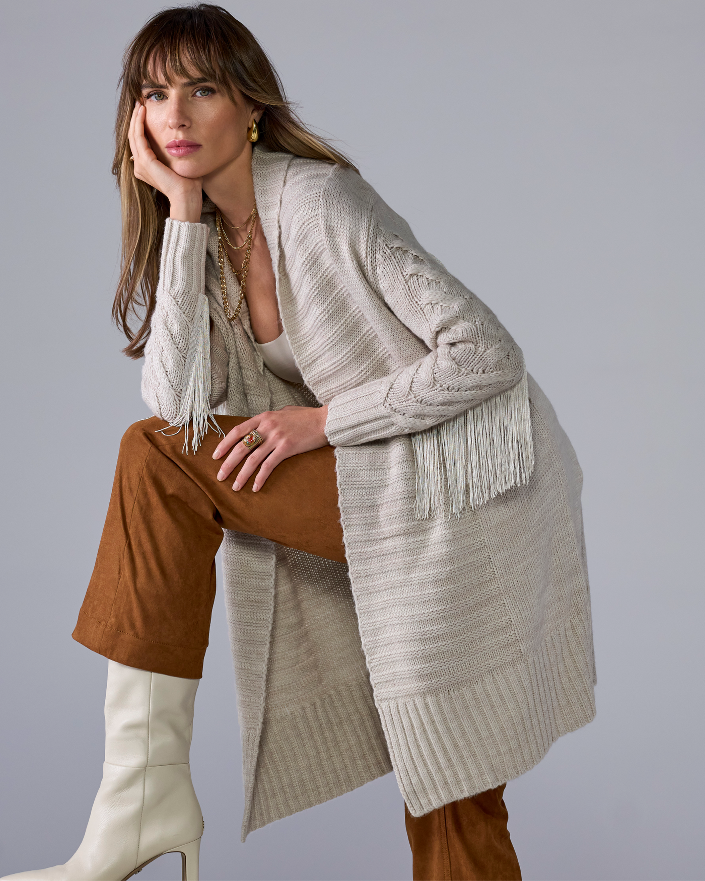 Fringe Mid Length Tie Waist Cardigan - Heather Oatmeal | Boston Proper