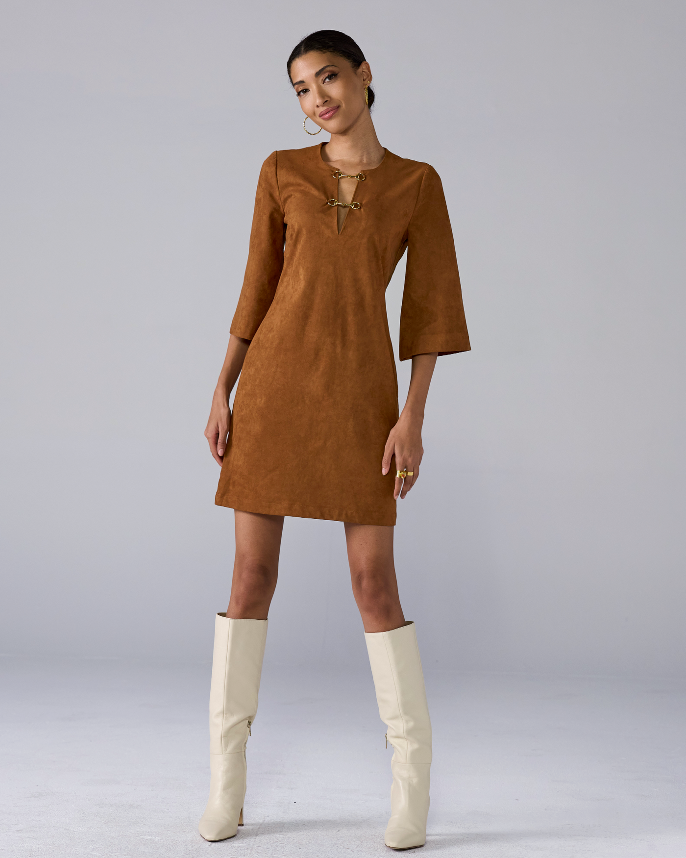 Faux Suede Hardware Trim Shift Dress Tortoise Shell