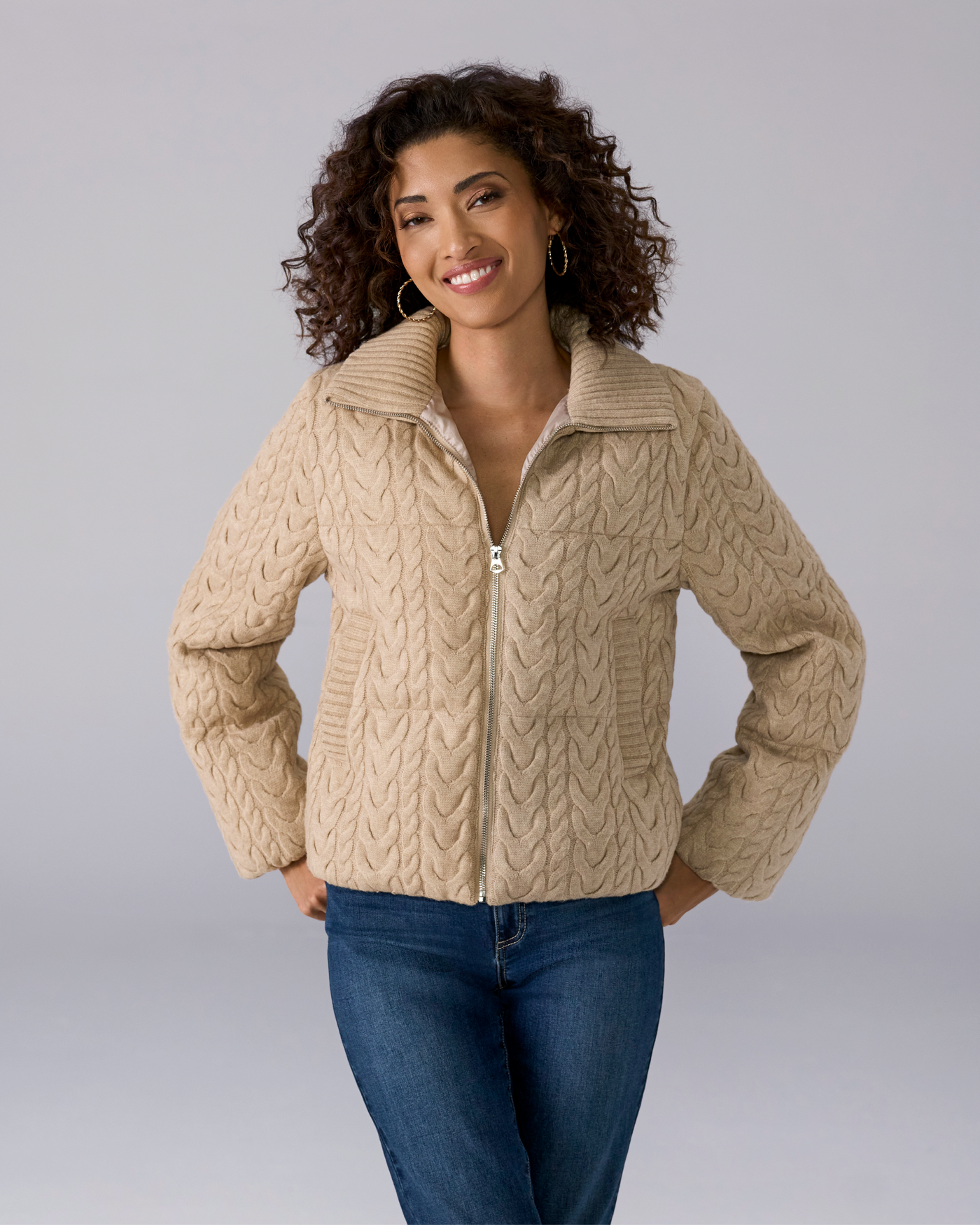 Cable Knit Puffer Coat - Heathered Oatmeal | Boston Proper