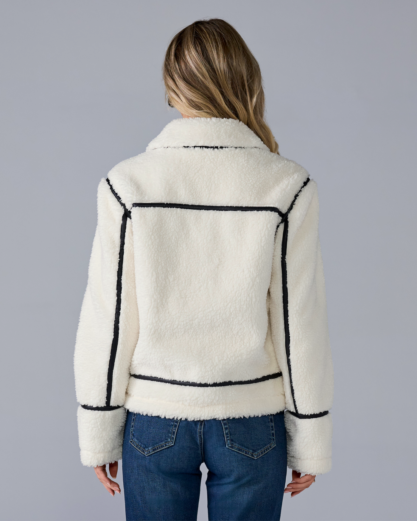 Faux Leather Trim Sherpa Coat - Off White | Boston Proper
