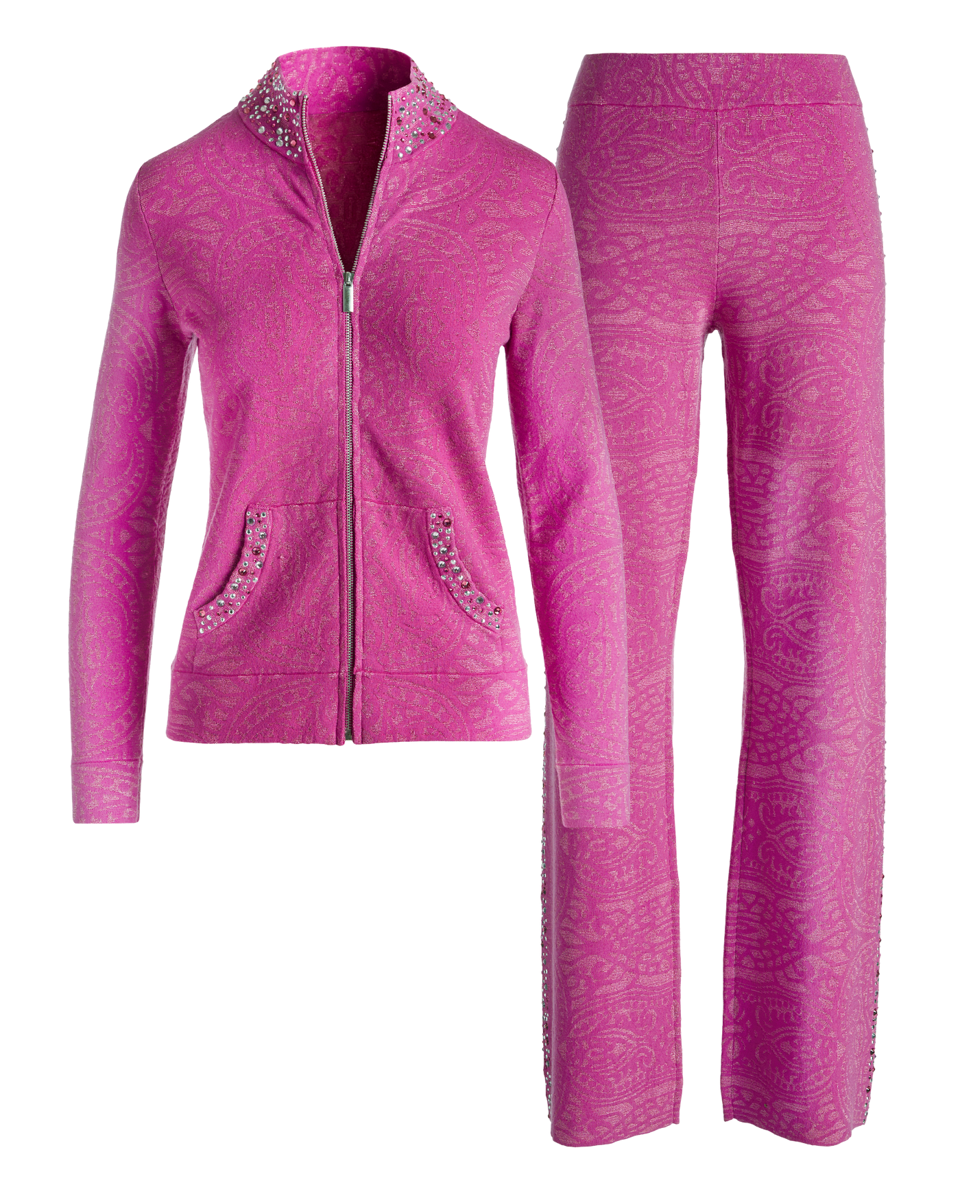 Embellished Knit Jacquard Jacket and Pant Set - Magenta | Boston