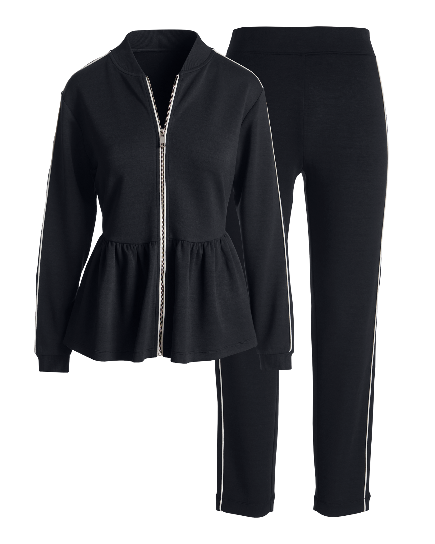 Luxe Lounge Piped Peplum Jacket and Pant Set - Proper Black
