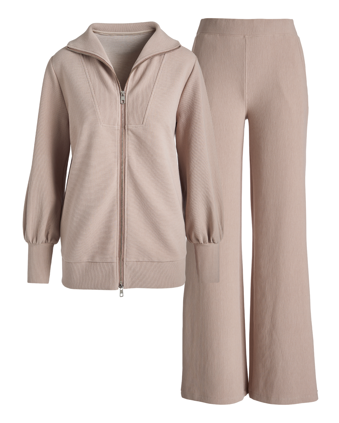 andmary Zoe full zip set up beige Eme Studios Off Sand Zipper Knit 