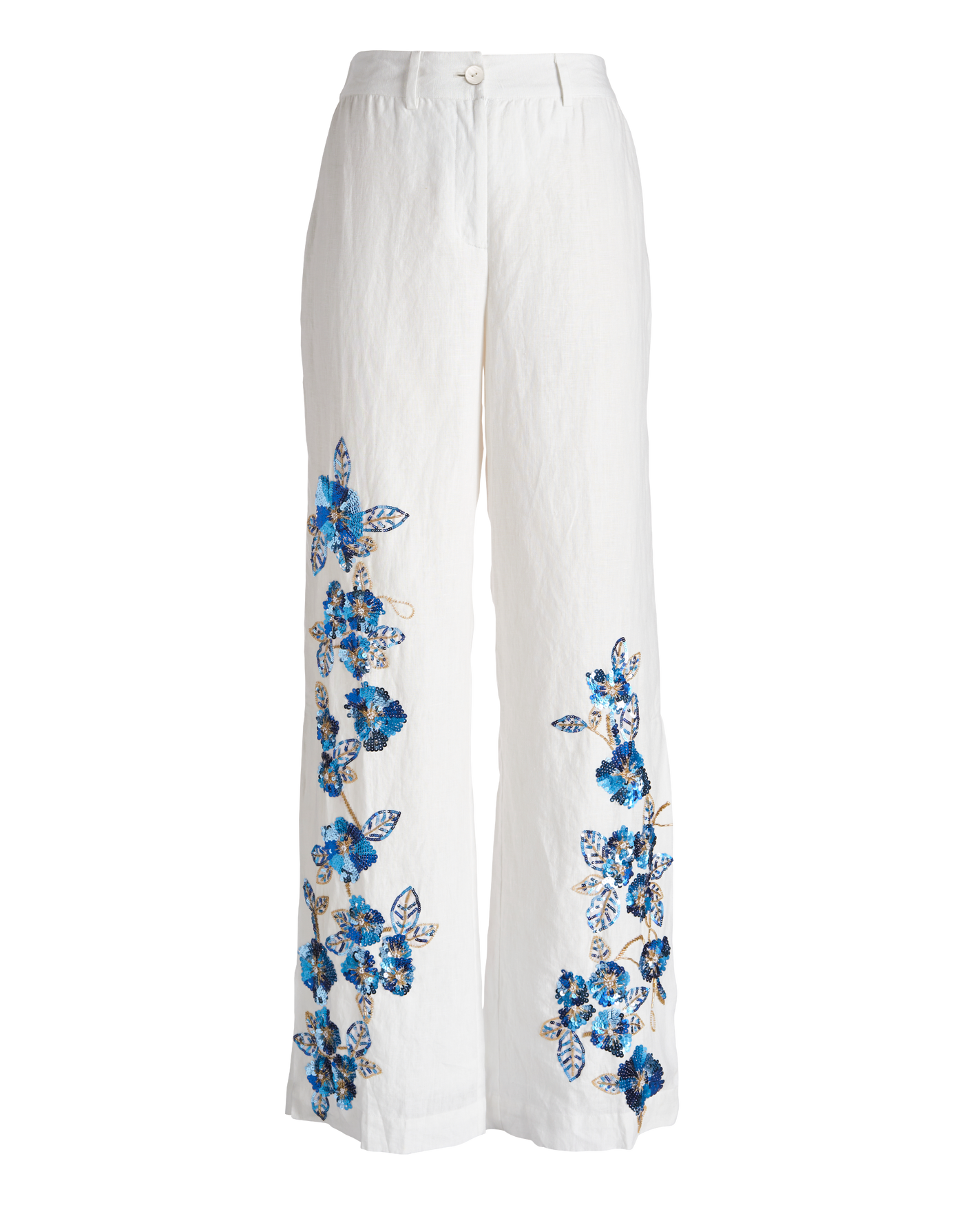 Floral Sequin Side Slit Linen Pant - White | Boston Proper