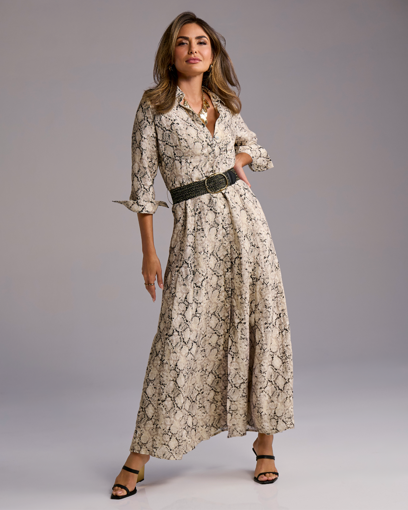 Boston Proper - Sparkled Snake Neutral - Printed Linen Maxi Shirt Dress - Xs