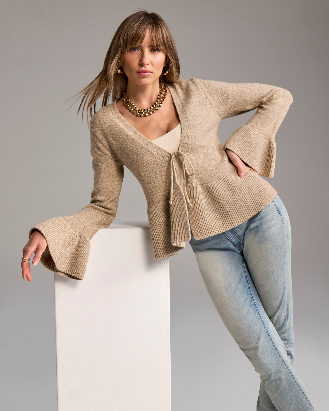 Flare Sleeve Tie Front Cardigan Sesame | Boston Proper