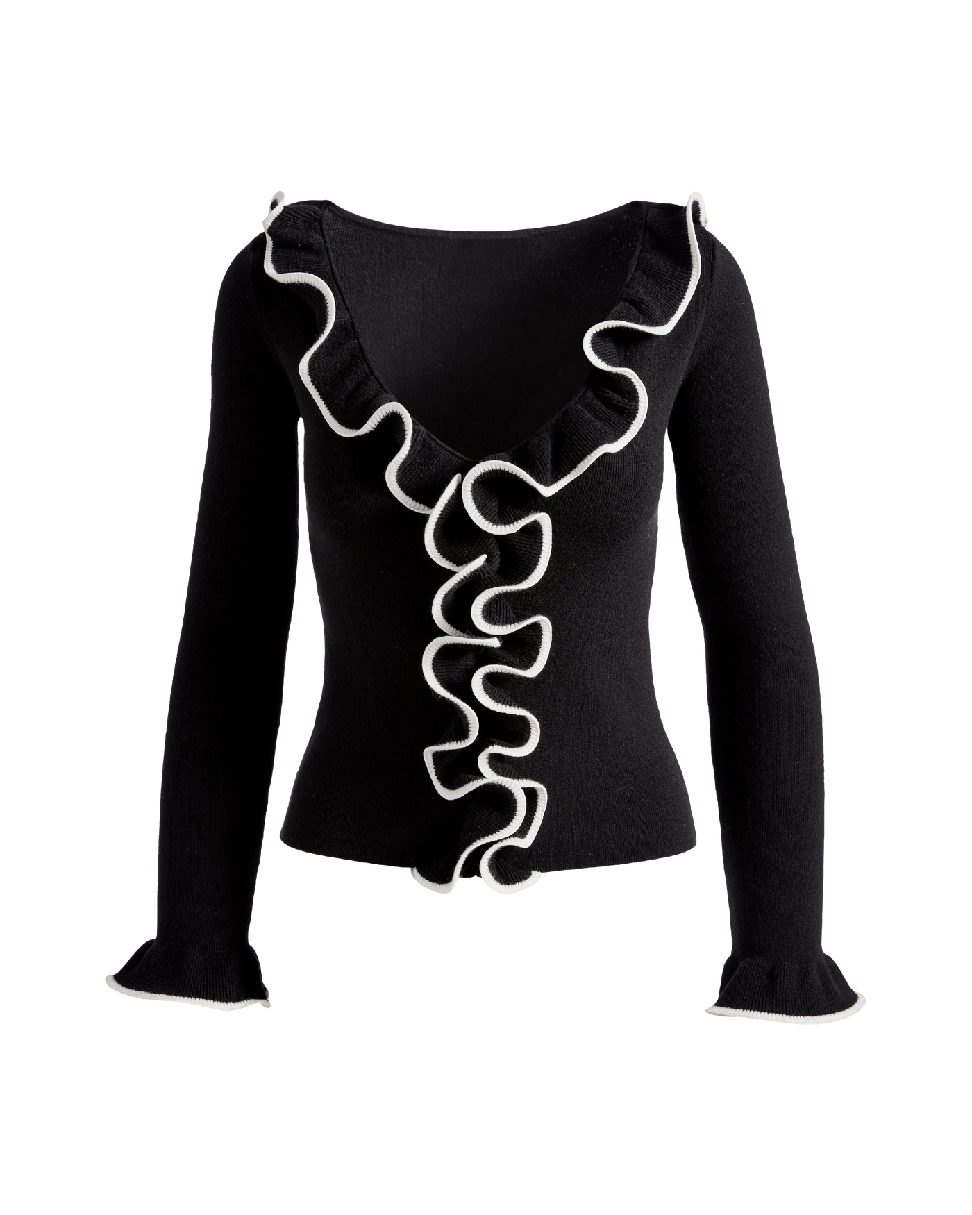 V-Neck Tipped Ruffle Sweater Top Black/White | Boston Proper