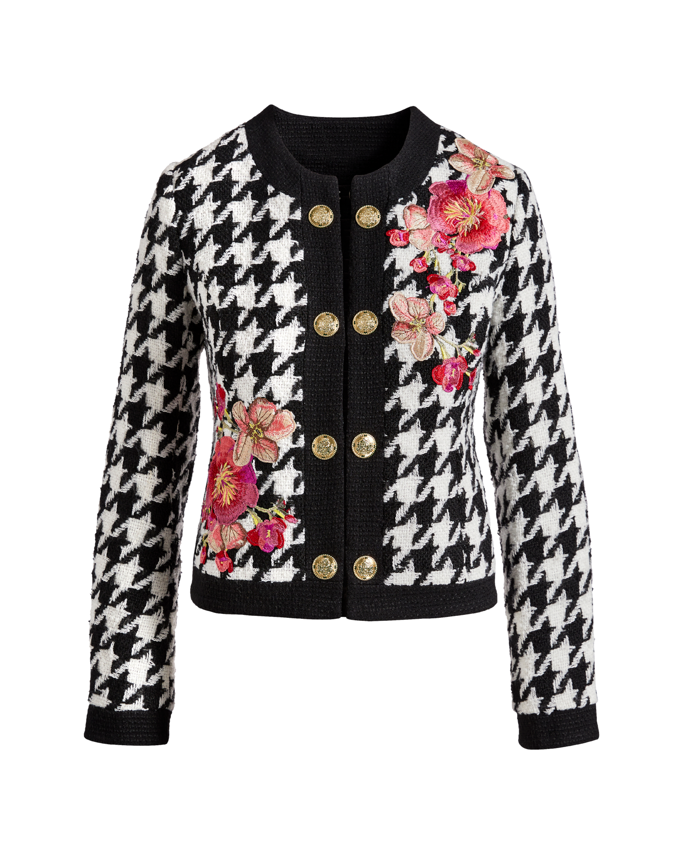 Houndstooth Tweed Jacket with Floral Embroidery - Black/White  display picture 1