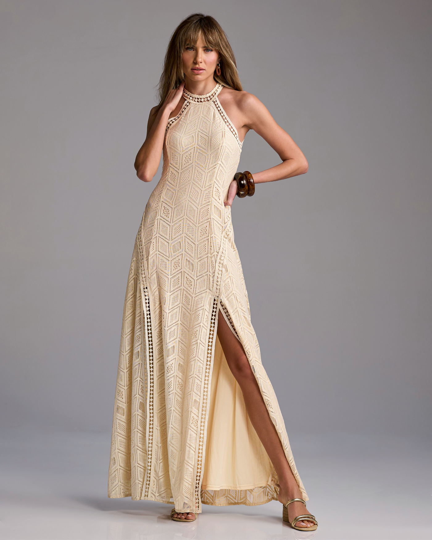 knee length dresses for ladies Off White Maxi Dress with Gold Details main image 0