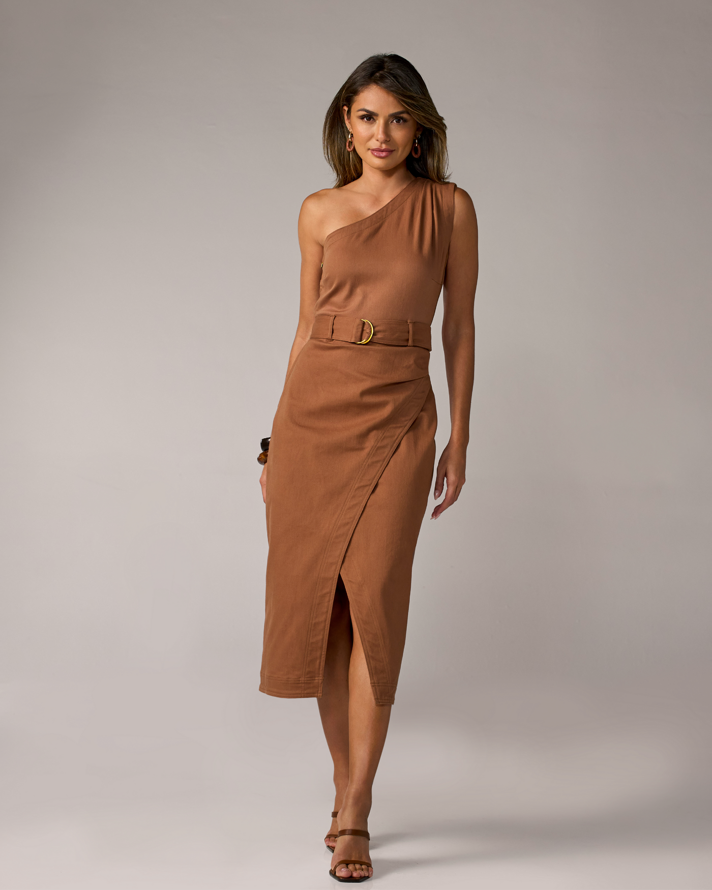 Boston Proper - Tortoise Shell Brown - One Shoulder Front Slit Denim Column Midi Dress - 16