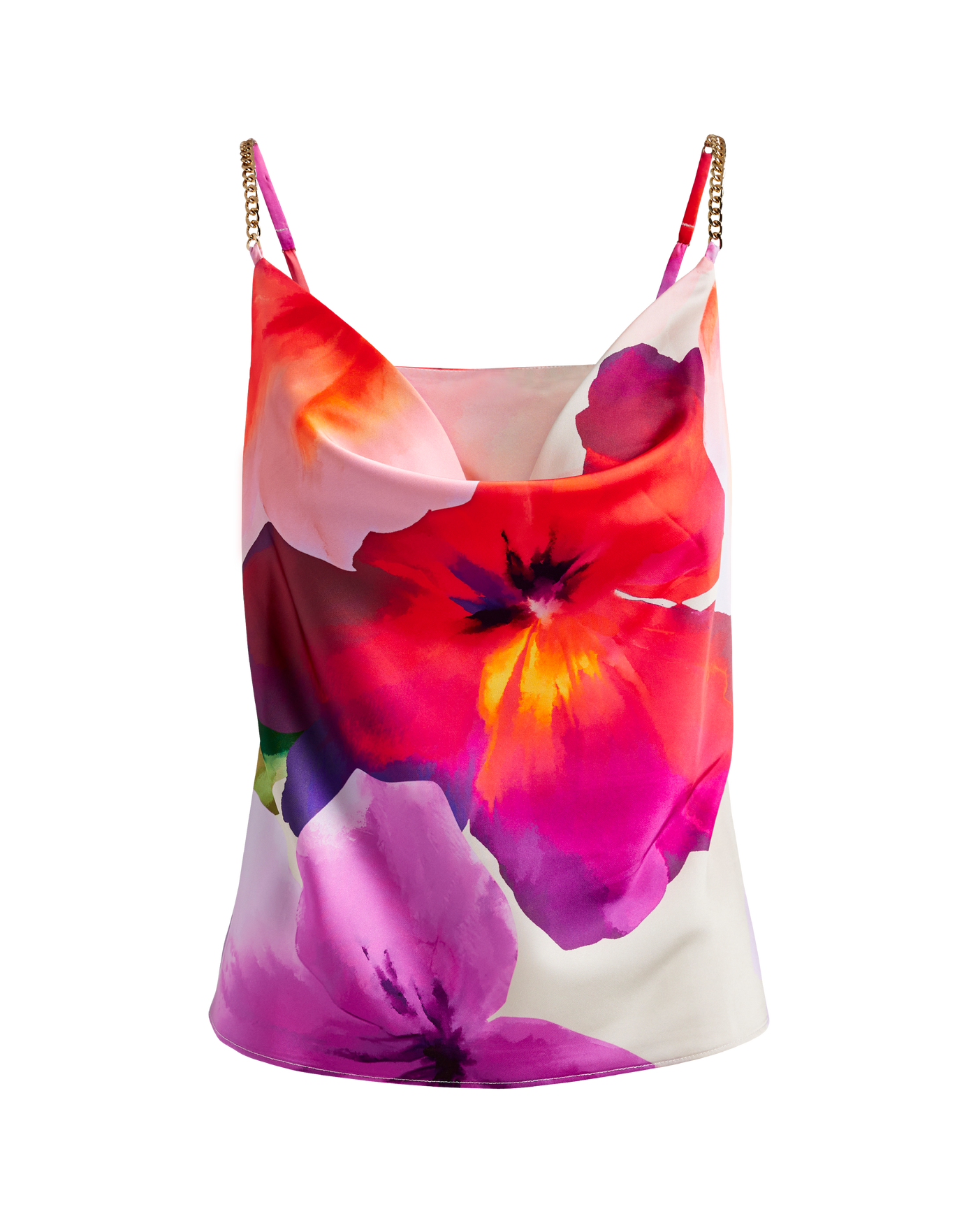 Printed Charmeuse Cowl Neck Chain Strap Cami - Vacation Floral Dye