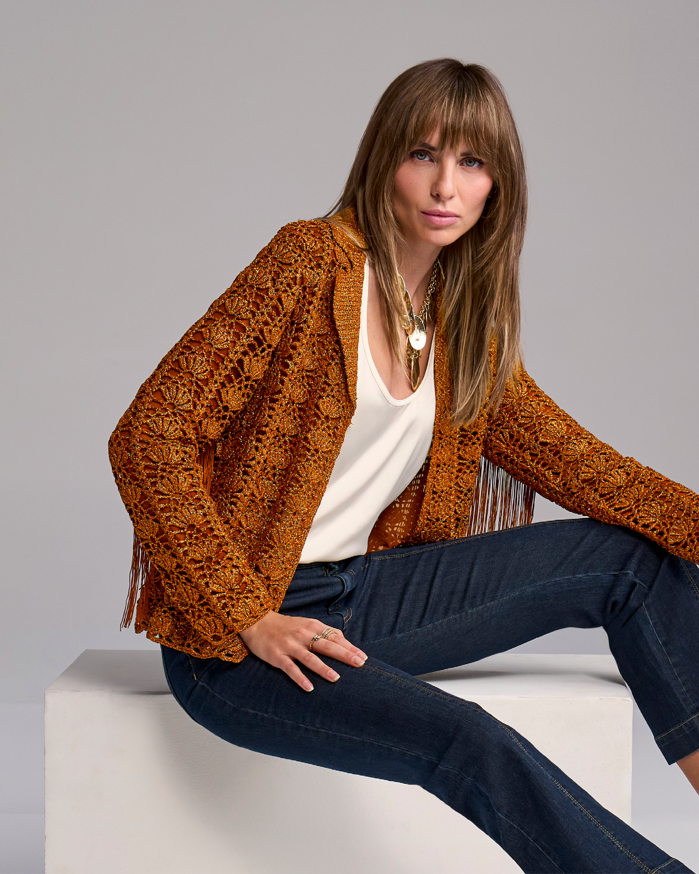 Crochet Fringe Collared Sweater Jacket - Toffee Brown | Boston Proper