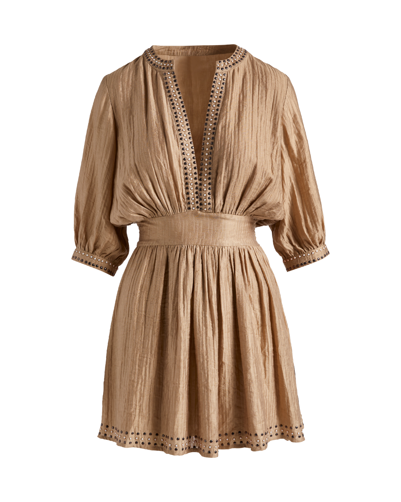 V-Neck Studded Puff Sleeve Dress - Cappuccino | Boston Proper