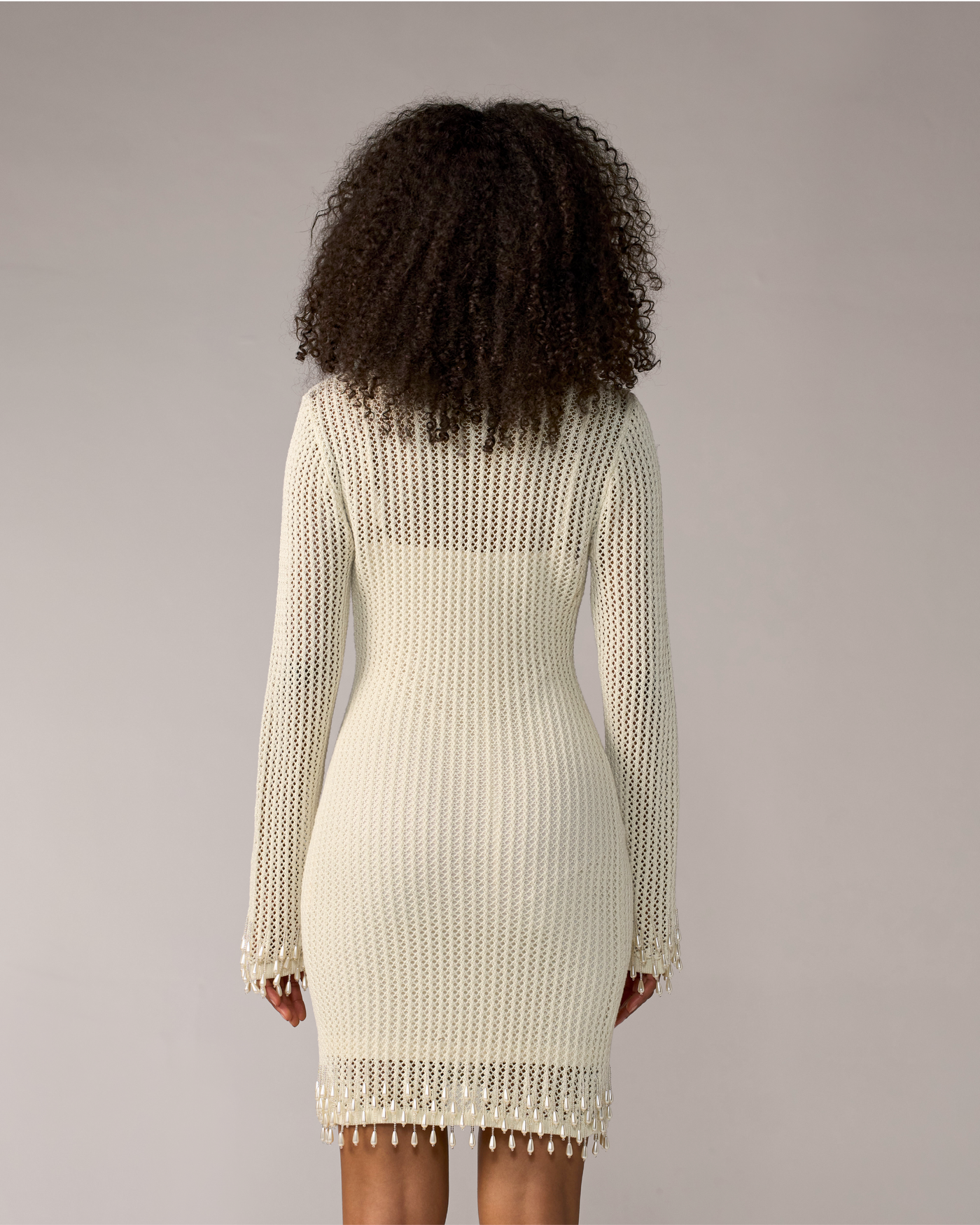 Crochet Pearl Embellished Dress Ecru