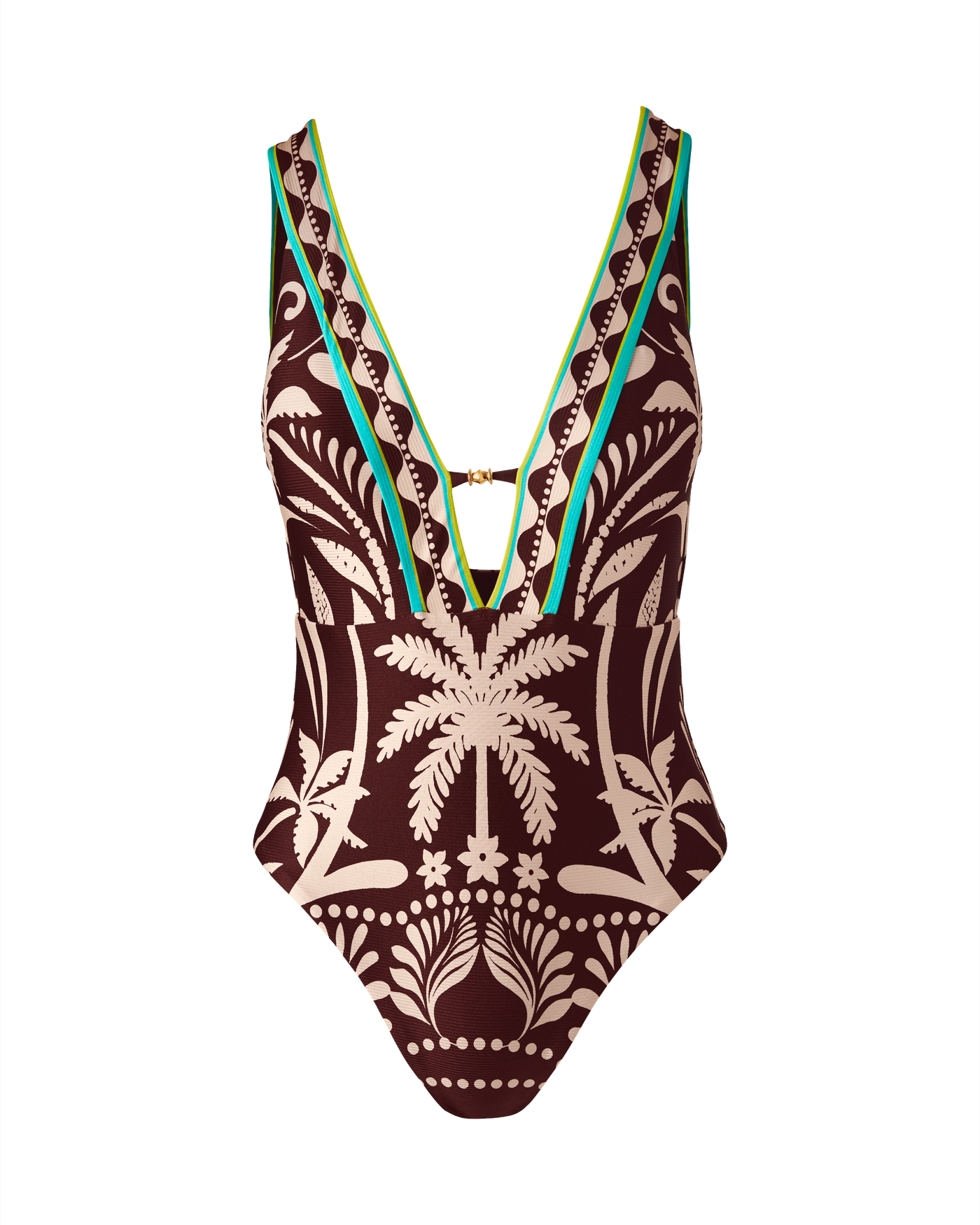Trina Turk Palm Border Plunge One Piece - Brown Multi | Boston Proper
