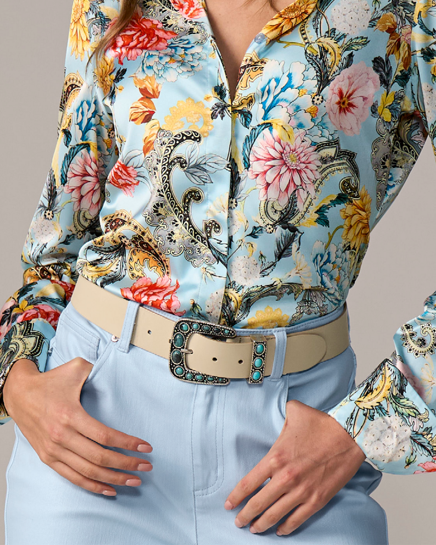 Floral Embellished Turquoise Belt Buckle Affilare Western Genuine Leather Floral Belt turquoise Buck  main image 3