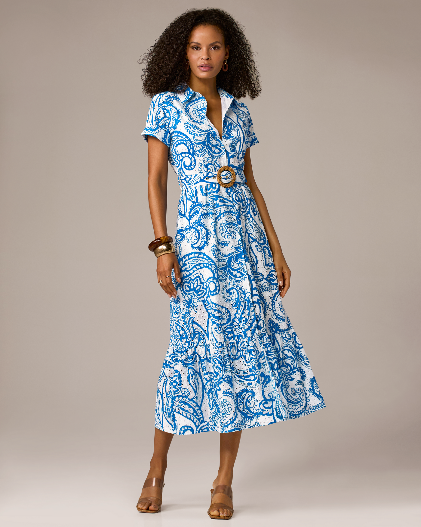 Belted Print Midi Shirt Dress Patriotic Paisley Wave