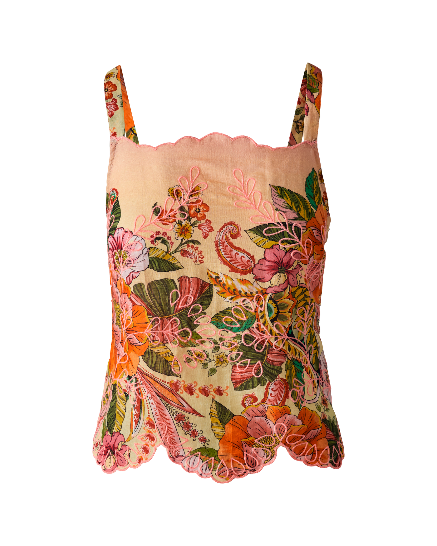Printed Embroidered Linen Scallop Hem Cami - Paisley Blooms