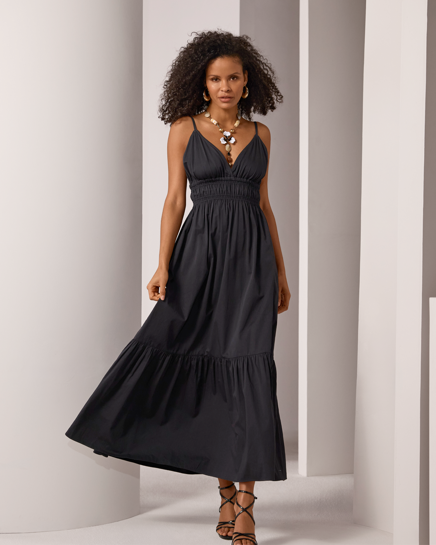 Boston Proper - Black - A Line Smocked Bodice Maxi Dress - XL