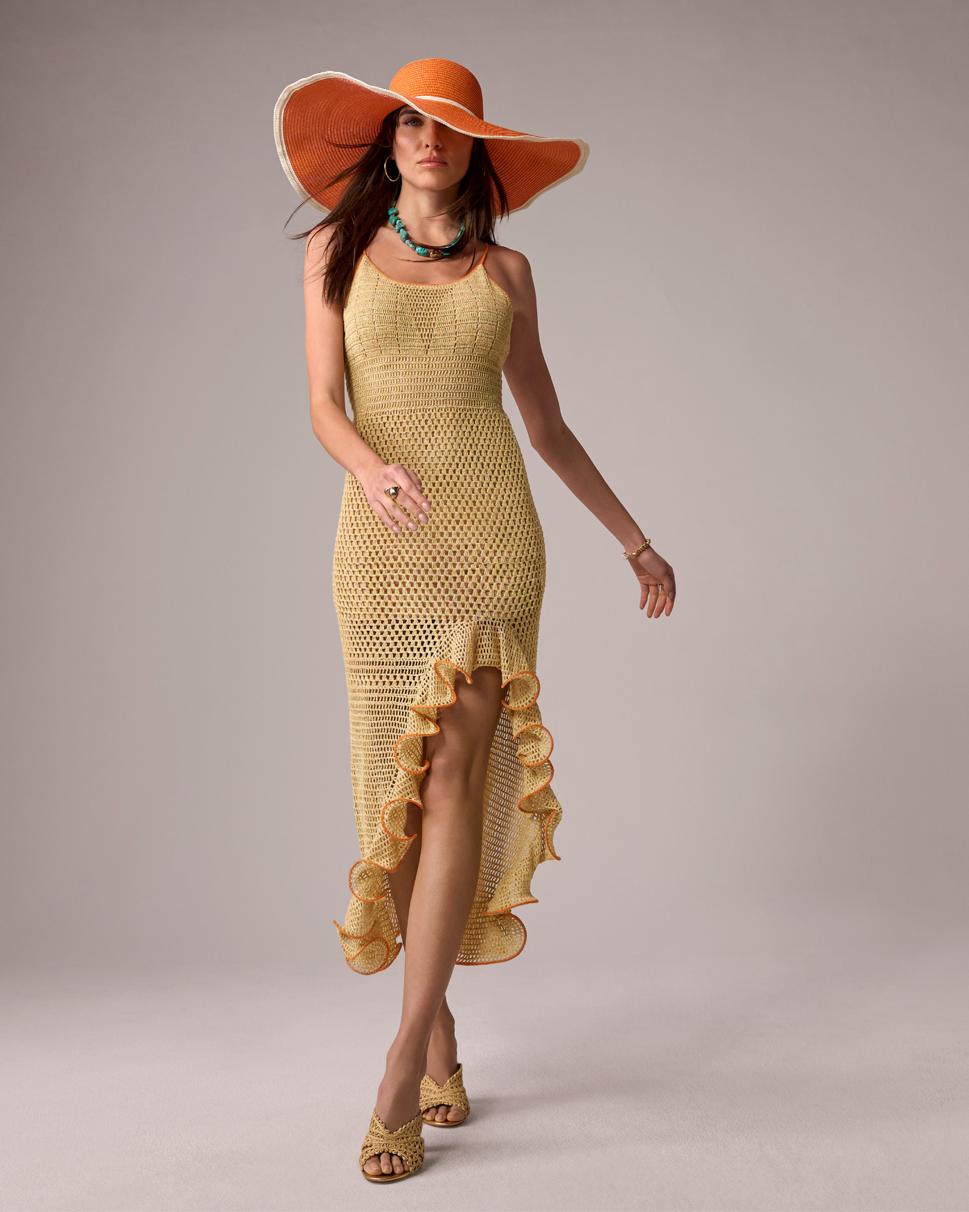 Asymmetrical Ruffle Crochet Maxi Dress - Gold | Boston Proper