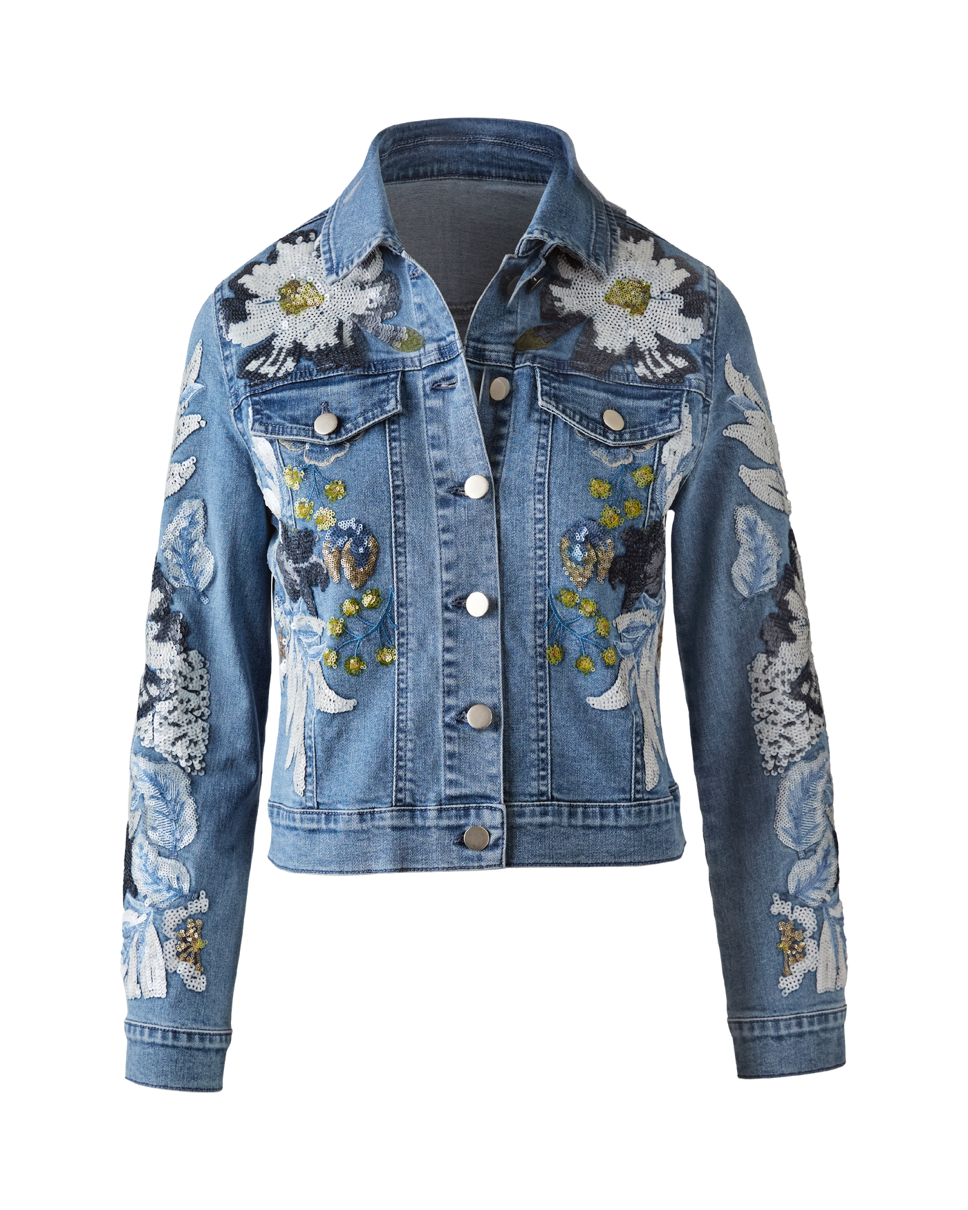 Floral Sequin Embellished Denim Jacket - Medium Wash | Boston Proper