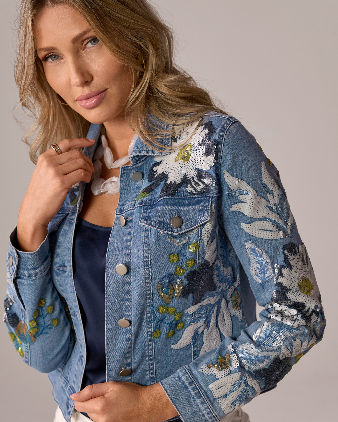 Floral Sequin Embellished Denim Jacket - Medium Wash | Boston Proper
