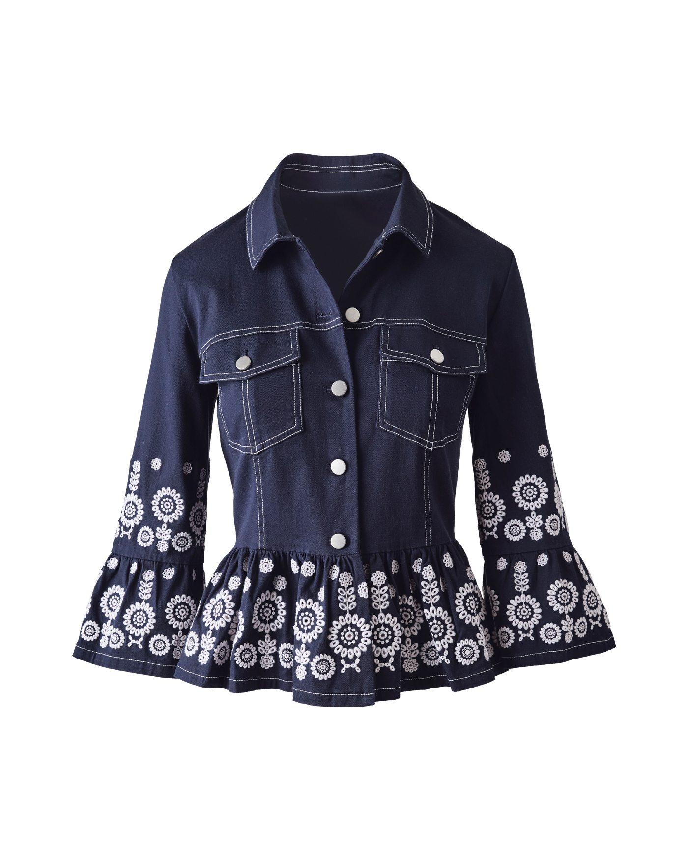 Eyelet Peplum Jacket with Flare Sleeve - Navy | Boston Proper