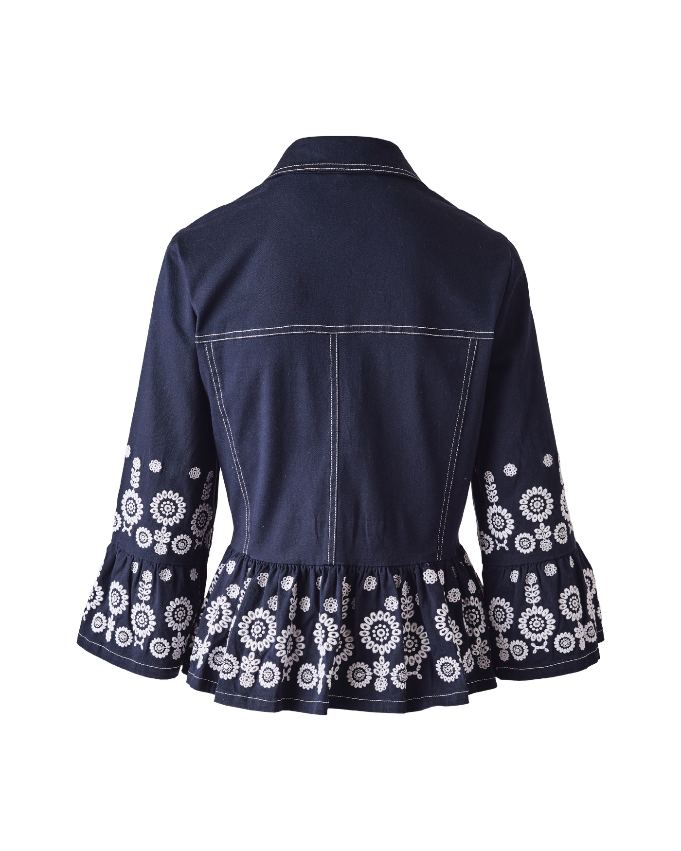Eyelet Peplum Jacket with Flare Sleeve - Navy | Boston Proper