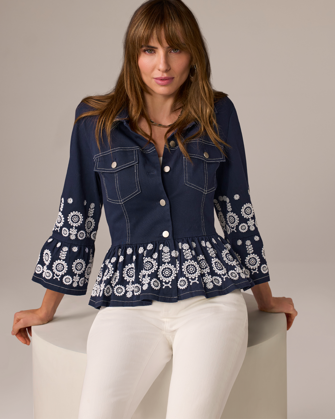 Blueleaブルレア　Peplum jacket Eyelet Peplum Jacket with Flare Sleeve - Navy | Boston Proper