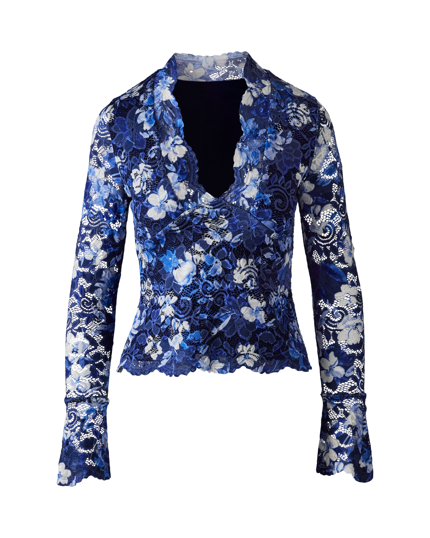 Printed Lace V Neck Long Sleeve Top - Blue Multi | Boston Proper